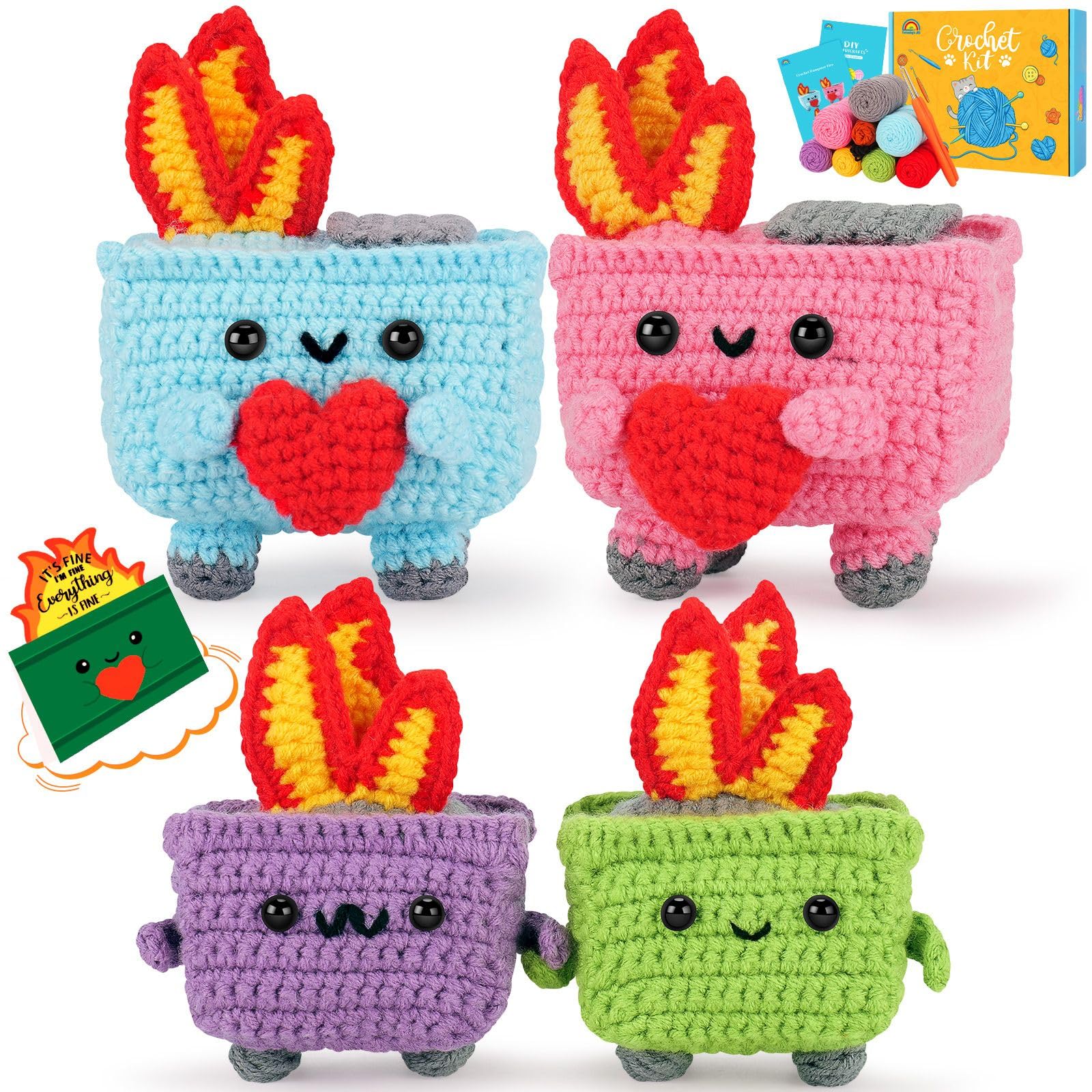 Crochet Kit for Beginners, 4PCS Dumpster Fire Crochet Starter Kit with Step-by-Step Video Tutorials, Emotional Positive Support Beginner Crochet Kits