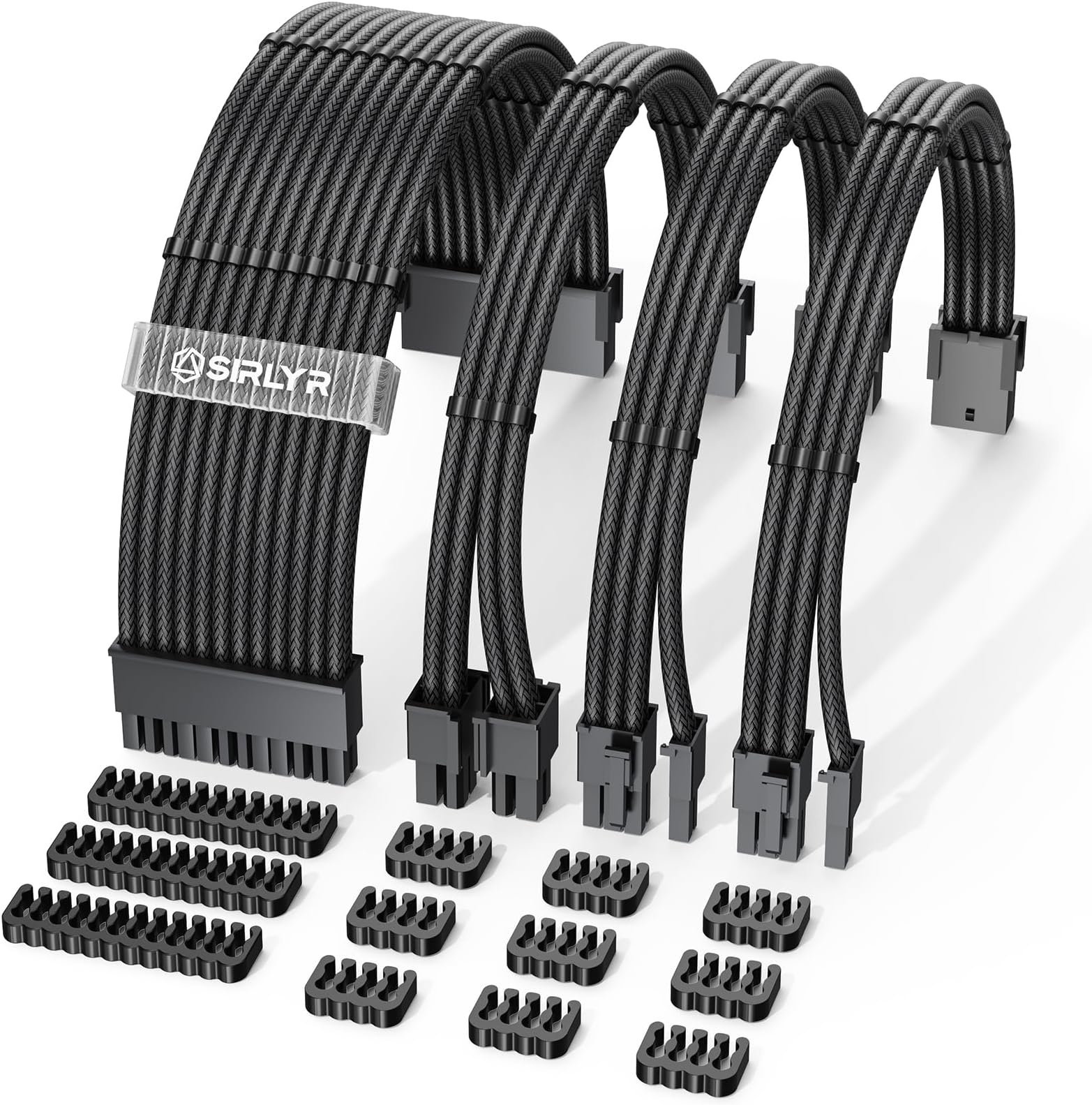 Sirlyr PSU Cable Extension Kit–4Pack 16AWG Power Supply Cables (1x 24Pin ATX / 1x 8Pin EPS / 2X 8Pin PCIE), 13in Gold-Plated GPU Extensions,Pre-Bent Design & Dual Cable Combs (Black Nylon Braided)