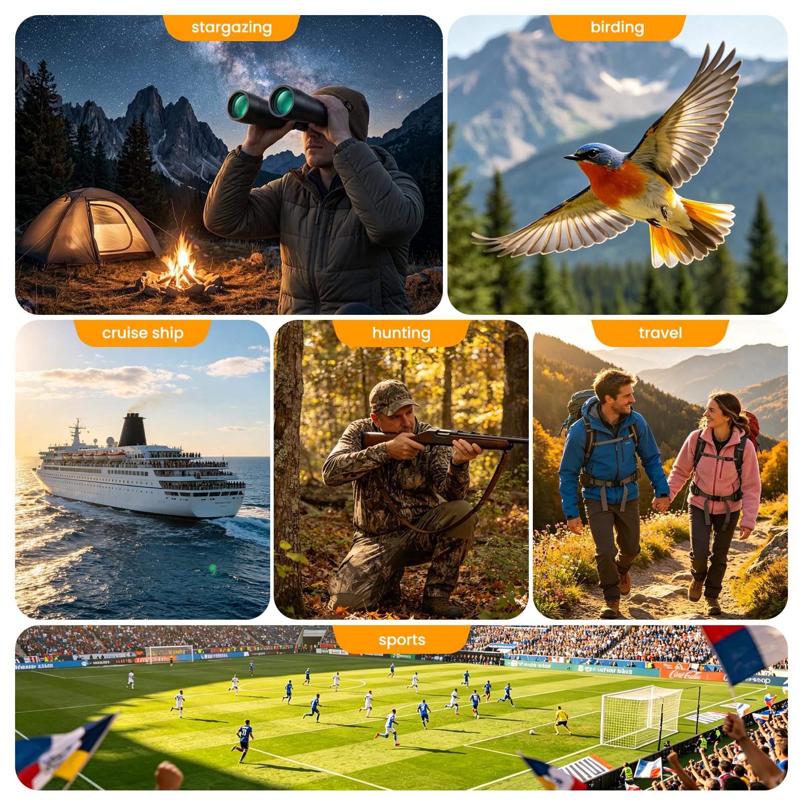 Aurosports Binocolo 20 x 70 per bird watching, ad alta potenza, per osservare le stelle, binocolo HD a lungo raggio per caccia, sport all'aria aperta, escursionismo, viaggi