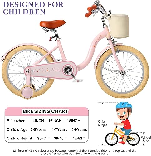 Miniatura 7 de Bicicleta para niñas de 14, 16, 18 pulgadas, para edades de 3 a 9 años, bicicleta para niños con ruedas de entrenamiento, freno de mano y posavasos,