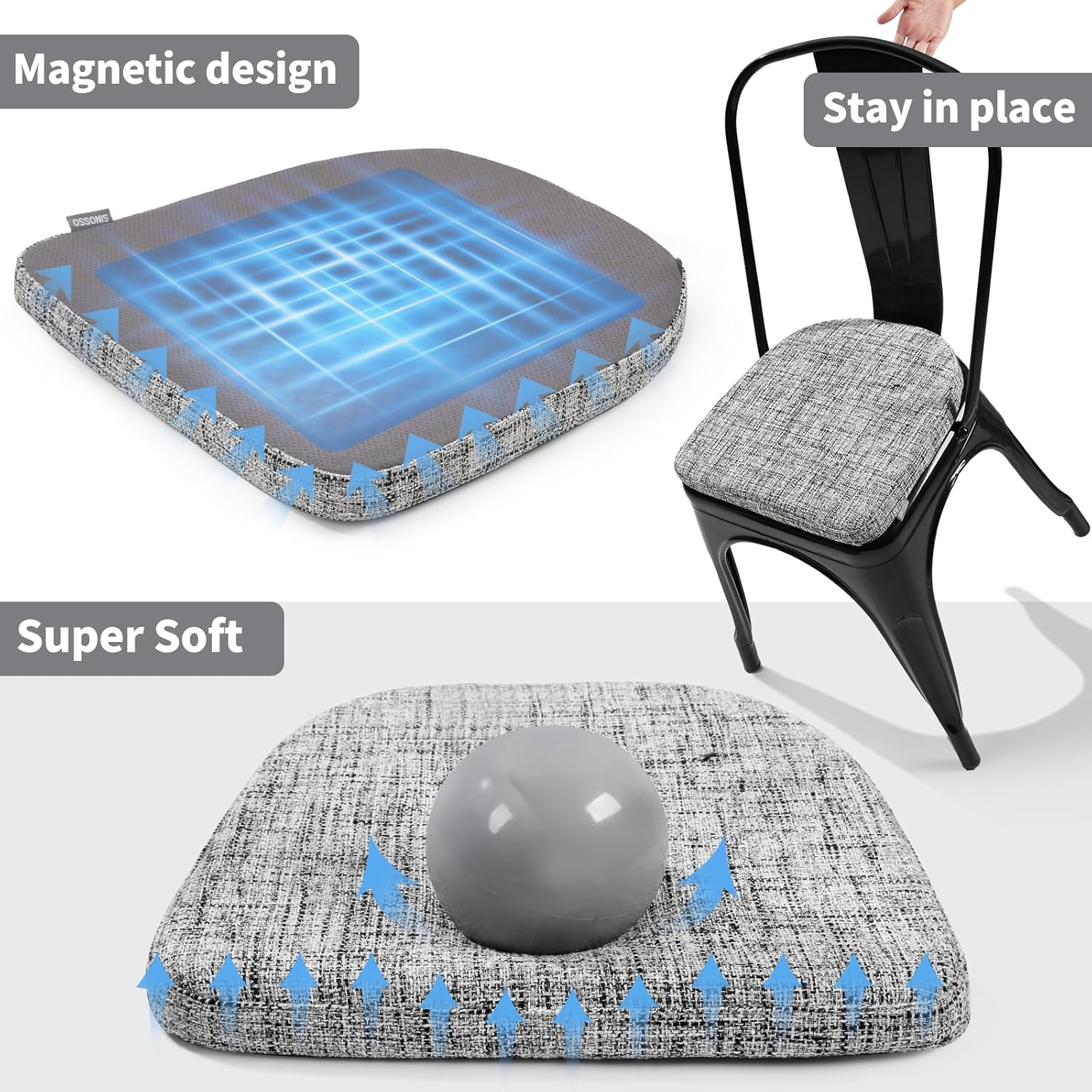 SINOSSO Memory Foam 14" Metal Chair Cushion 1 Piece, Modern Interwoven Style Magnetic Chair Pad for Dining Kitchen Cafe Bistro Stackable Chair (U-Shape, White-Gray, 1)