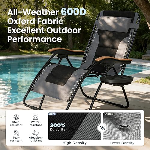 Miniatura 6 de Phi Villa - Sillón reclinable (tamaño XL, acolchado, gravedad cero, reposabrazos de madera, con soporte para tazas), gris