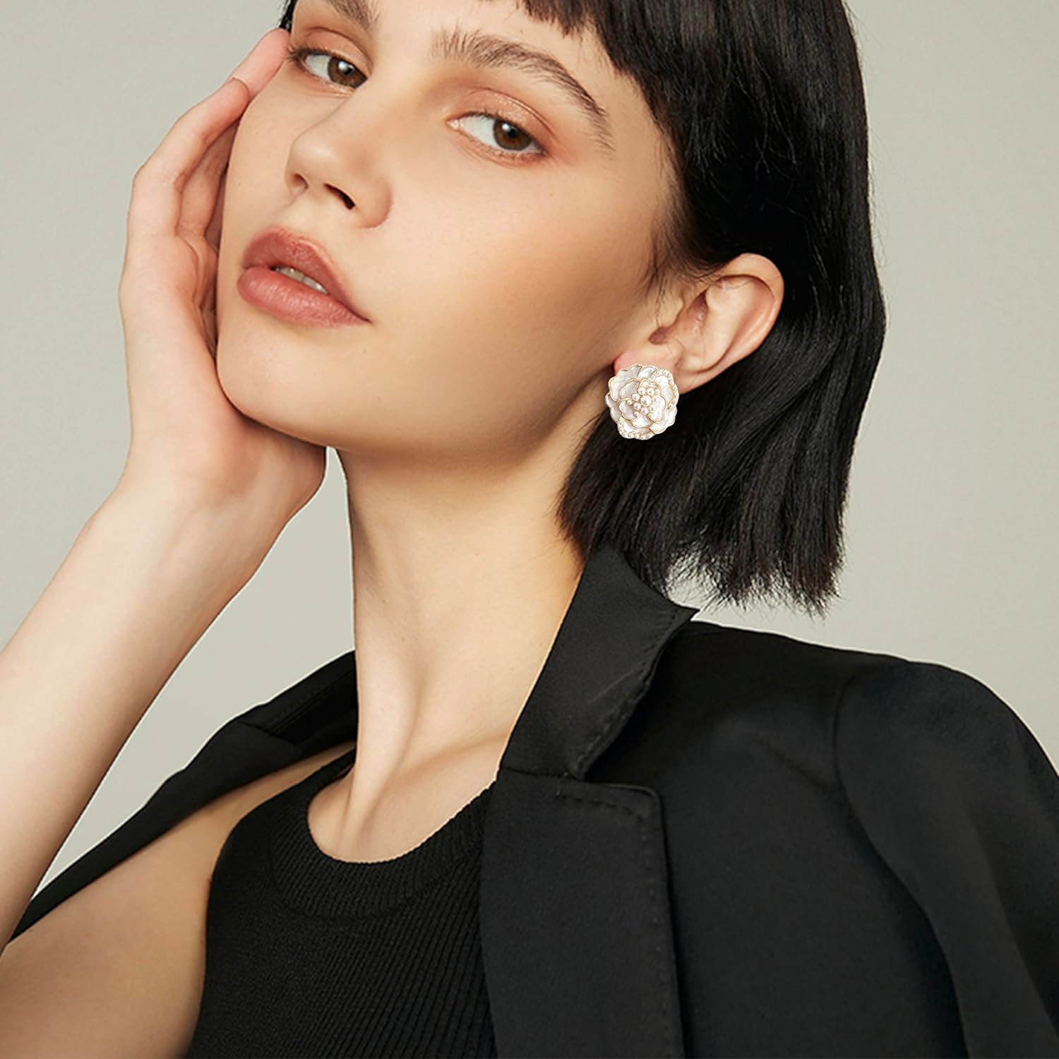 Handmade Minimalist Gold Sparkly Crystal Flower Stud Earrings Exquisite Elegant Camellia Flower Enamel Alloy Diamond Pearl Dangle Drop Earrings for Women Jewelry Gifts - Image 4