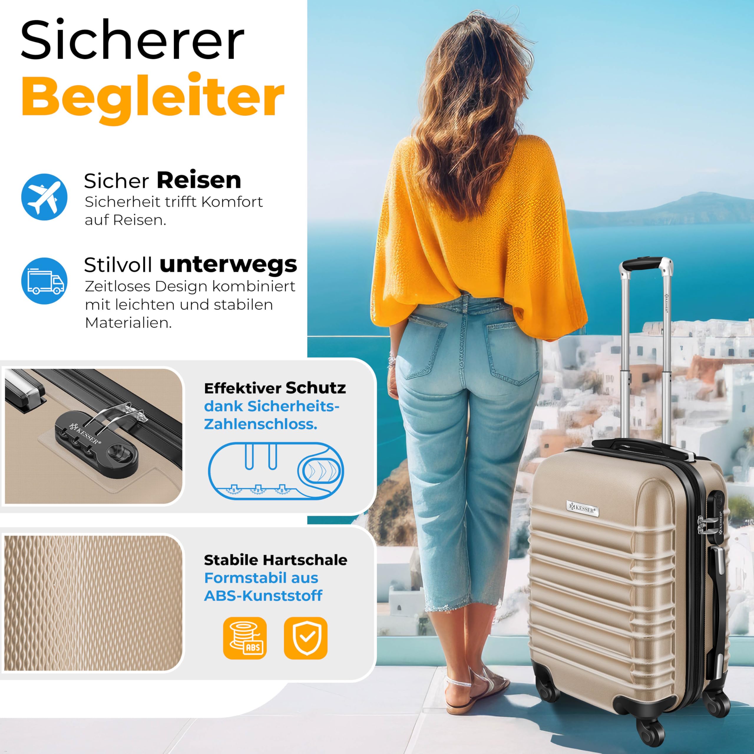 KESSER Reisekoffer 120L Hartschalen Trolley ABS-Hartschale Zahlenschloss 4 Rollen Teleskopgriff 75x50x32cm Champagne