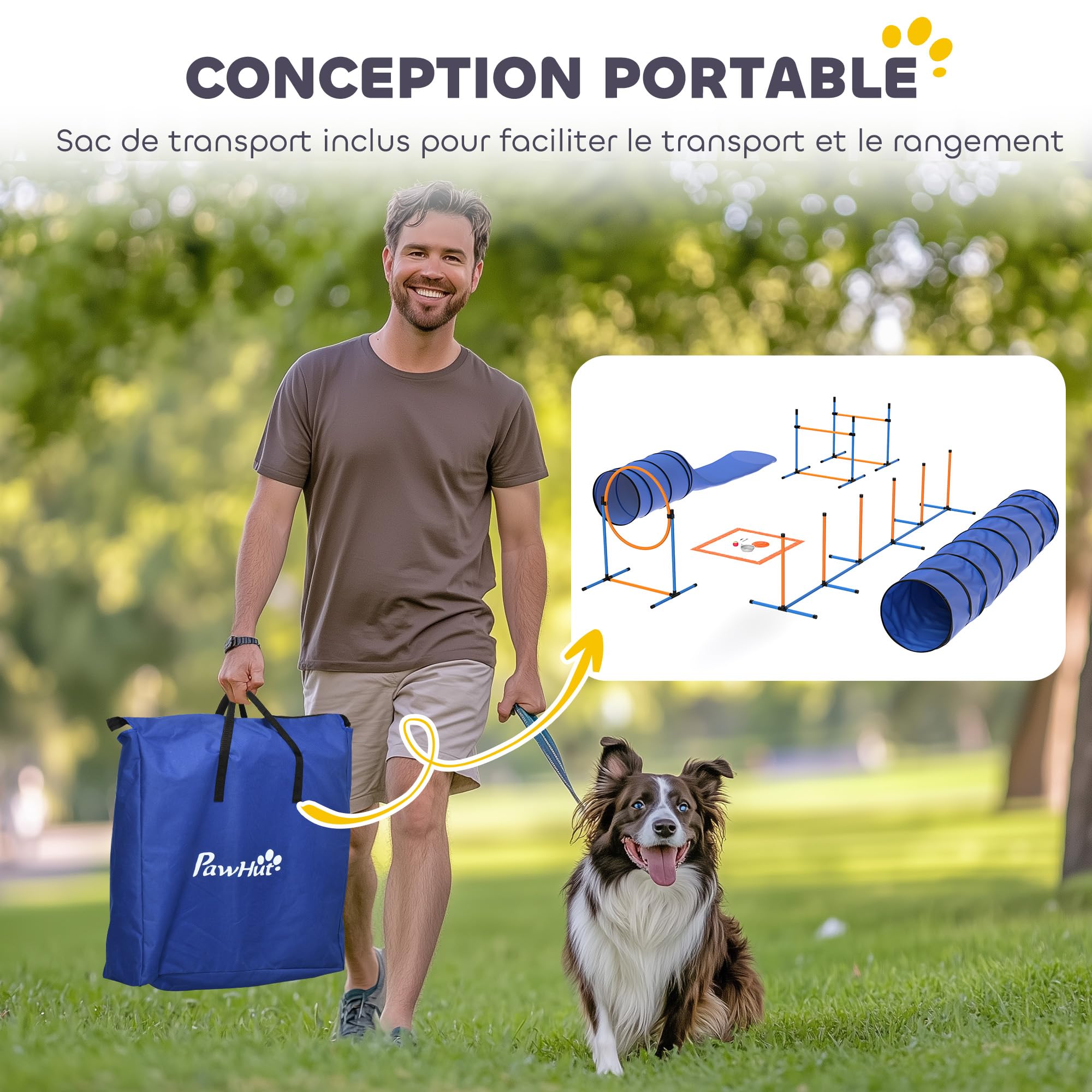 PawHut - Ensemble d'Agilité pour Chien 11 Pièces avec 2 Tunnels, Sauts Ajustables, Anneau, Piquets, Zone de Pause, Sac pour Friandises, Parcours d'Obstacle Intérieur et Extérieur avec Sac de Transport