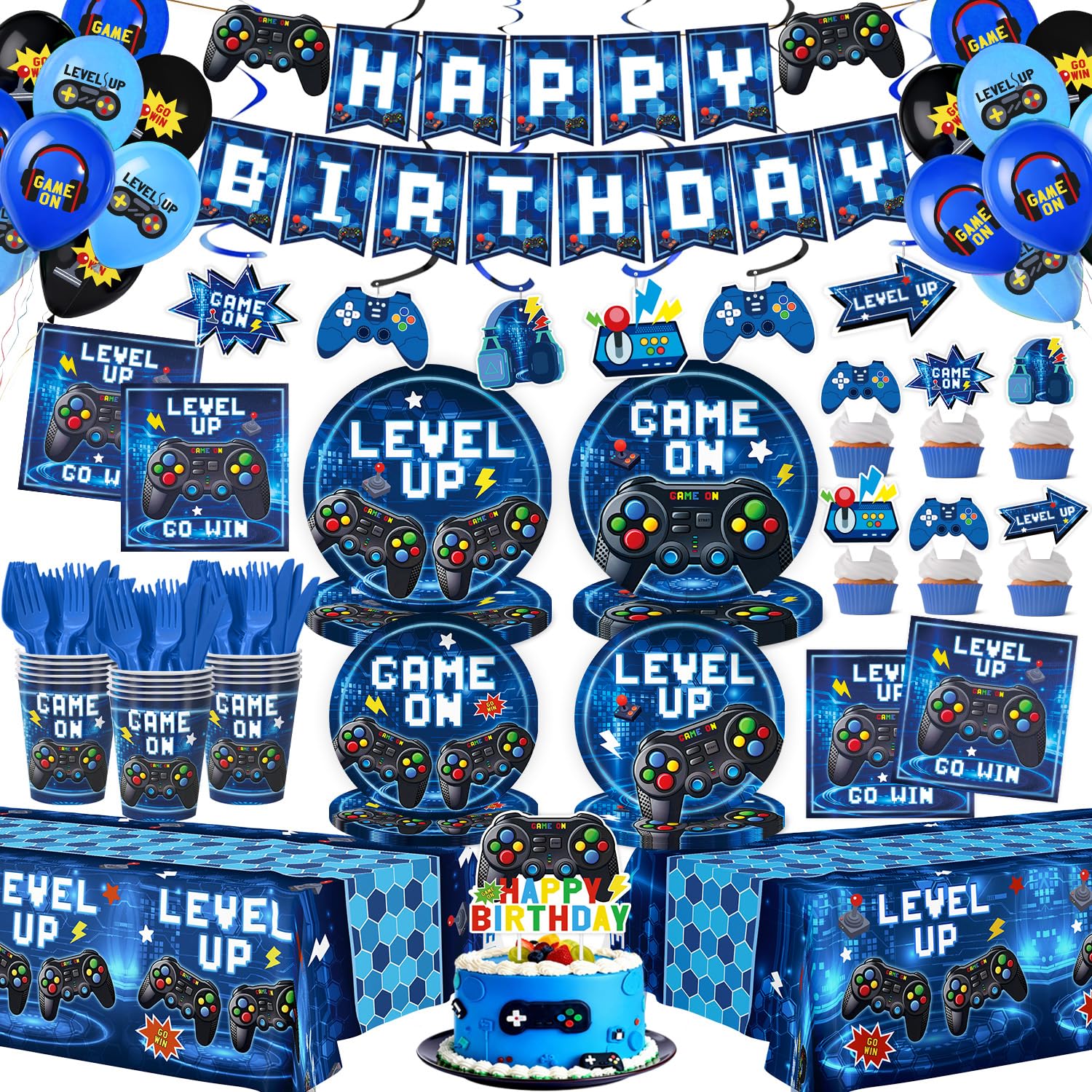 196 Pcs Video Game Birthday Party Decorations (Serves 24), Game Party Tableware Include Banner Hanging Plates Napkins Cups Forks Knifes Tablecloth Topper Balloons for Boy Party (Blue)