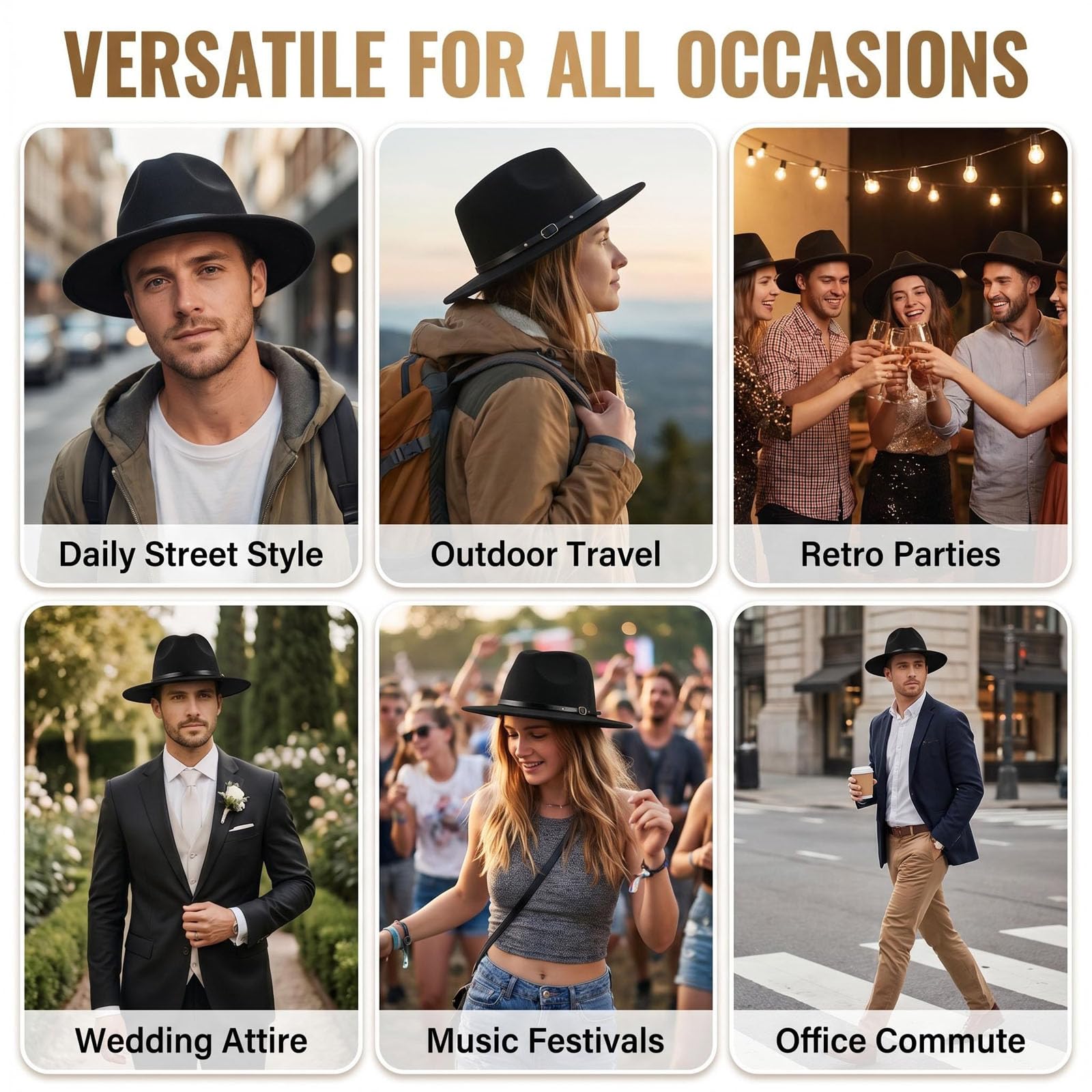 QUUPY Sombrero de jazz clásico para mujeres y hombres, sombrero estilo fedora de ala ancha con hebilla de cinturón de cuero, sombrero de fieltro de Panamá Gatsby, color negro