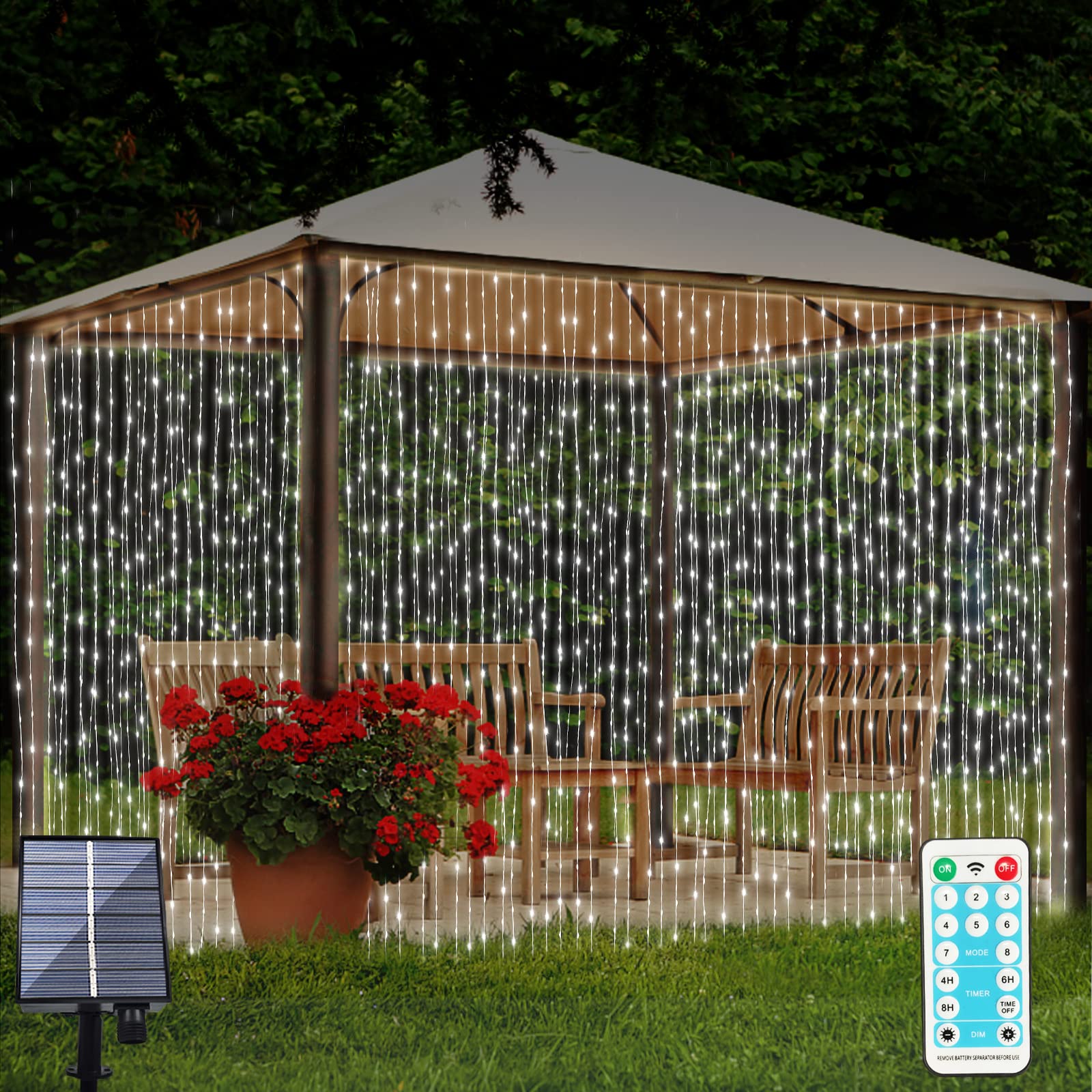 300 LED Solar Curtain Light Outdoor Remote Control 8 Lighting Modes Fairy Lights, IP65 Waterproof Copper Wire Lights for Christmas Party Wedding Home Bedroom Garden Wall Decorations (Light White)