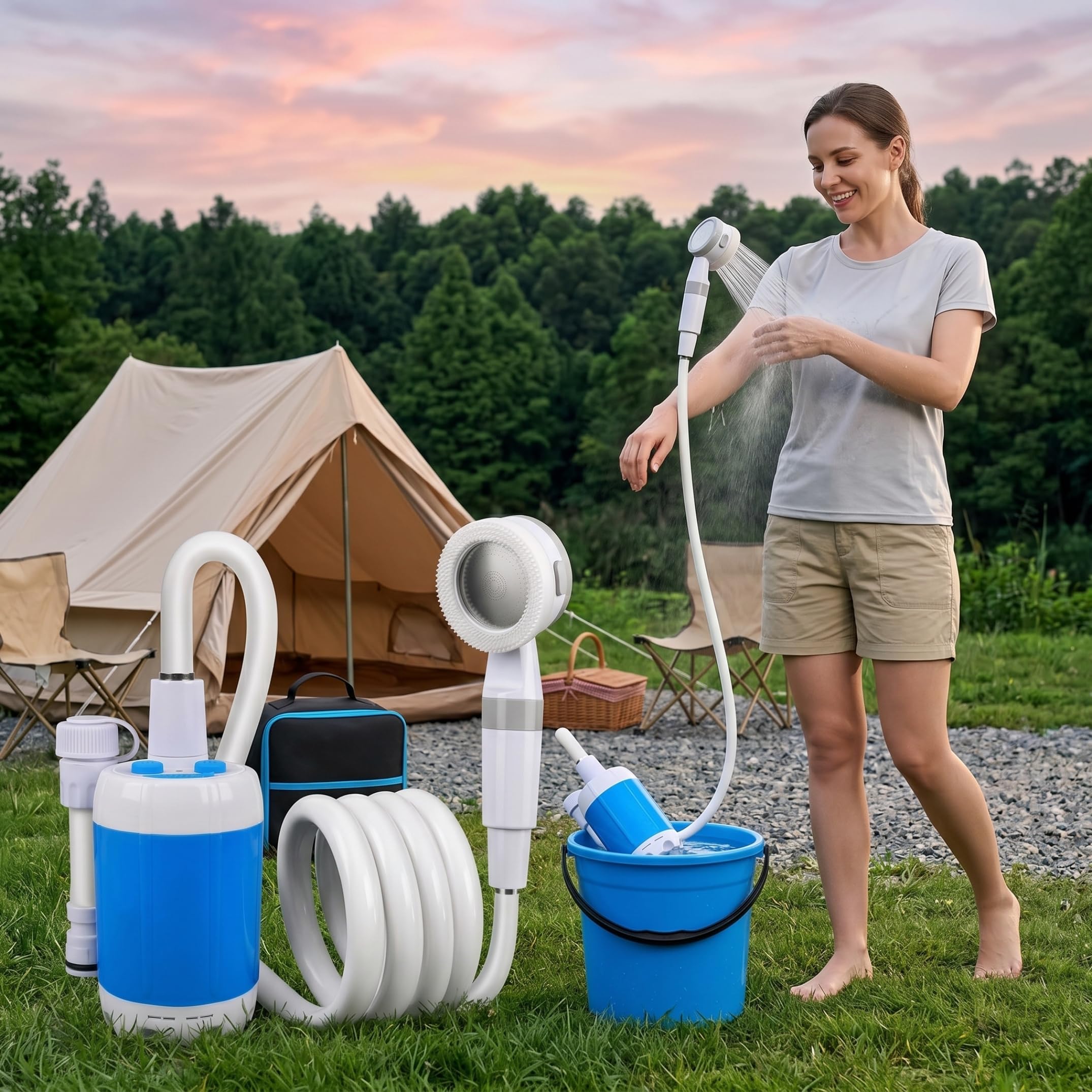 Douche de Camping Portable, Douche de Camping Rechargeable, Pompe USB extérieure pour -Car, Voyage, Plage, Bain pour Animaux Compagnie, arrosage, 2 Niveaux, Pompe