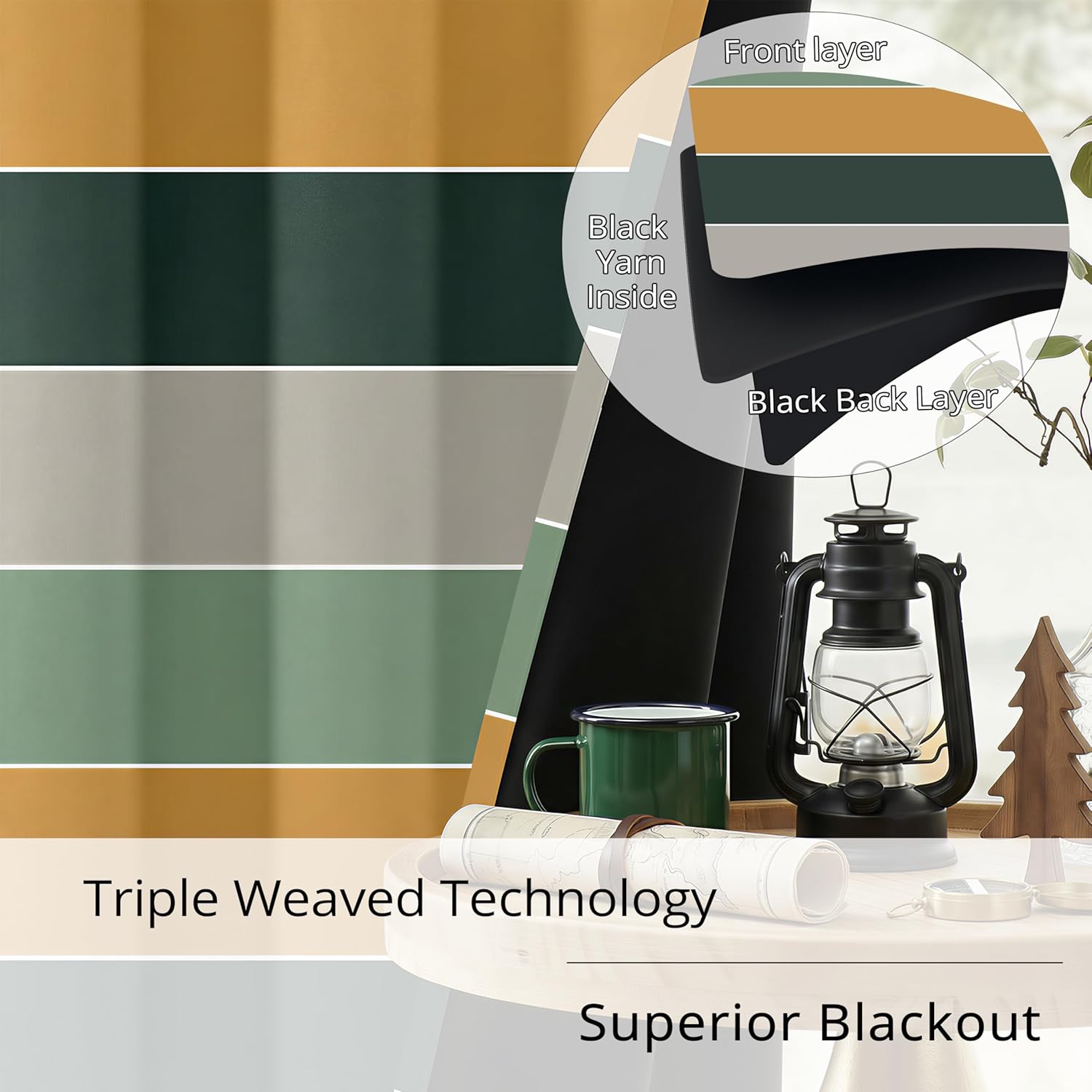 Stripe Blackout Curtains - 100% Blackout, Thermal Insulated, Noise Reducing, Forest Camp Inspired, Cabin Style, 2 Panels, Each W52xL84