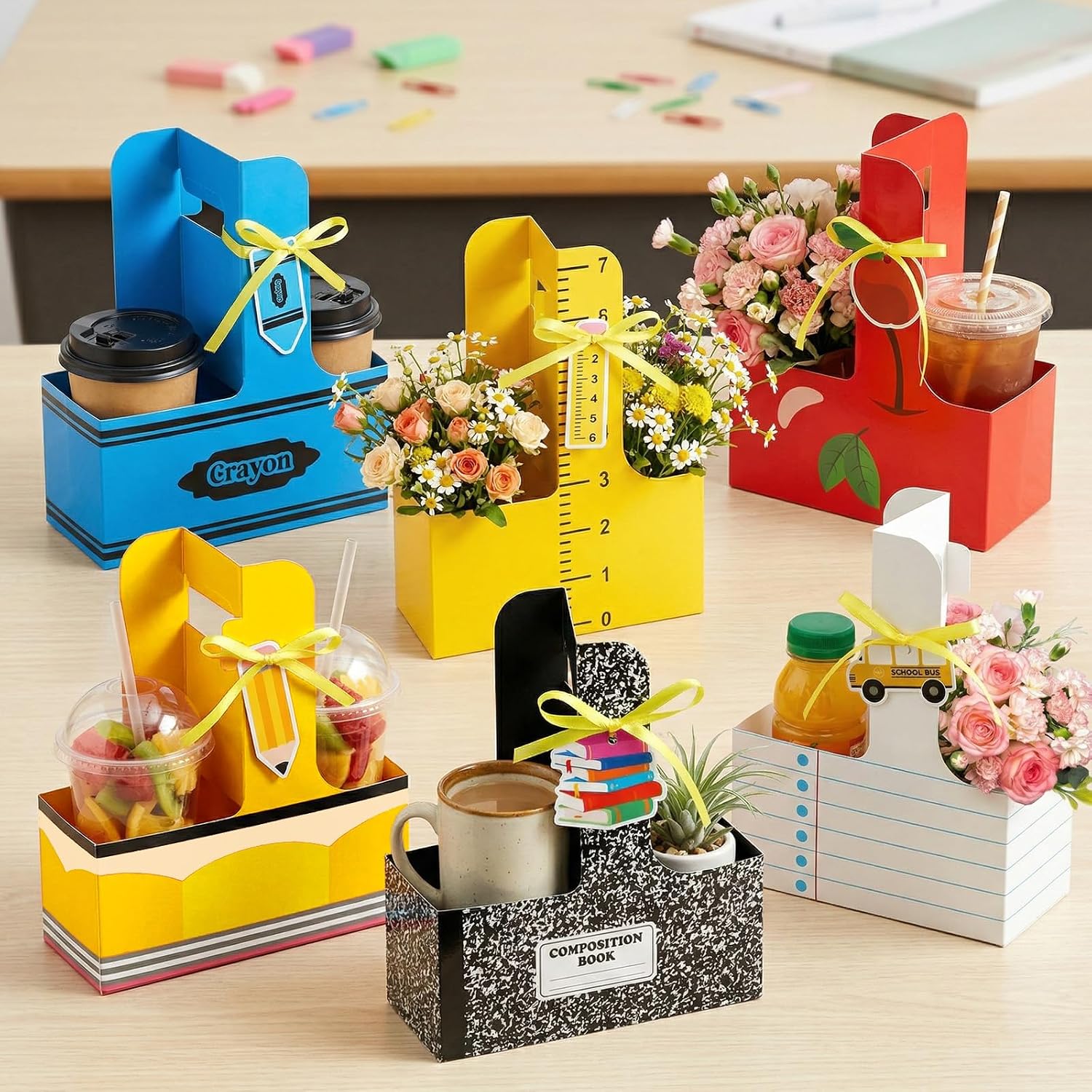 12 Set Back to School 2 Cup Drink Carriers with Handle Greeting Card Ribbon Teacher Appreciation Gifts Portable Cardboard Cup Holders for Classroom DIY Party Favors Supplies