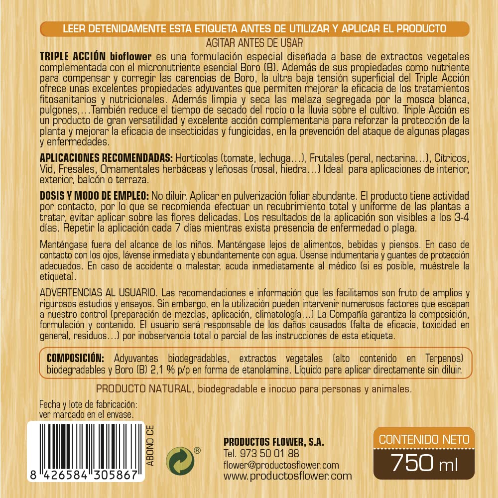 BioFlower - Triple Acción Ecológico 750 ml | Insecticida, Fungicida y Secante | Boro y Extractos Vegetales Biodegradables | Apto Agricultura Ecológica | Listo Para Usar
