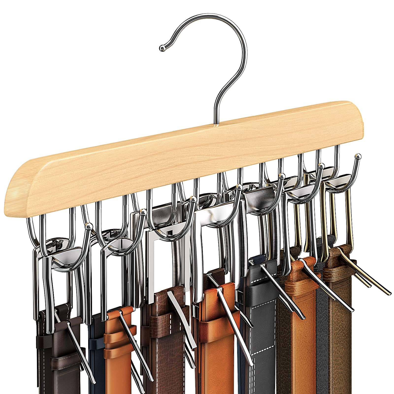 KASTWAVEBelt Hanger for Closet, Sturdy Wood Belt Rack Closet Accessories with 14 Hooks Belt Organizer for Closet Organizers and Storage Max 42 Belts-Wood 1 Pack
