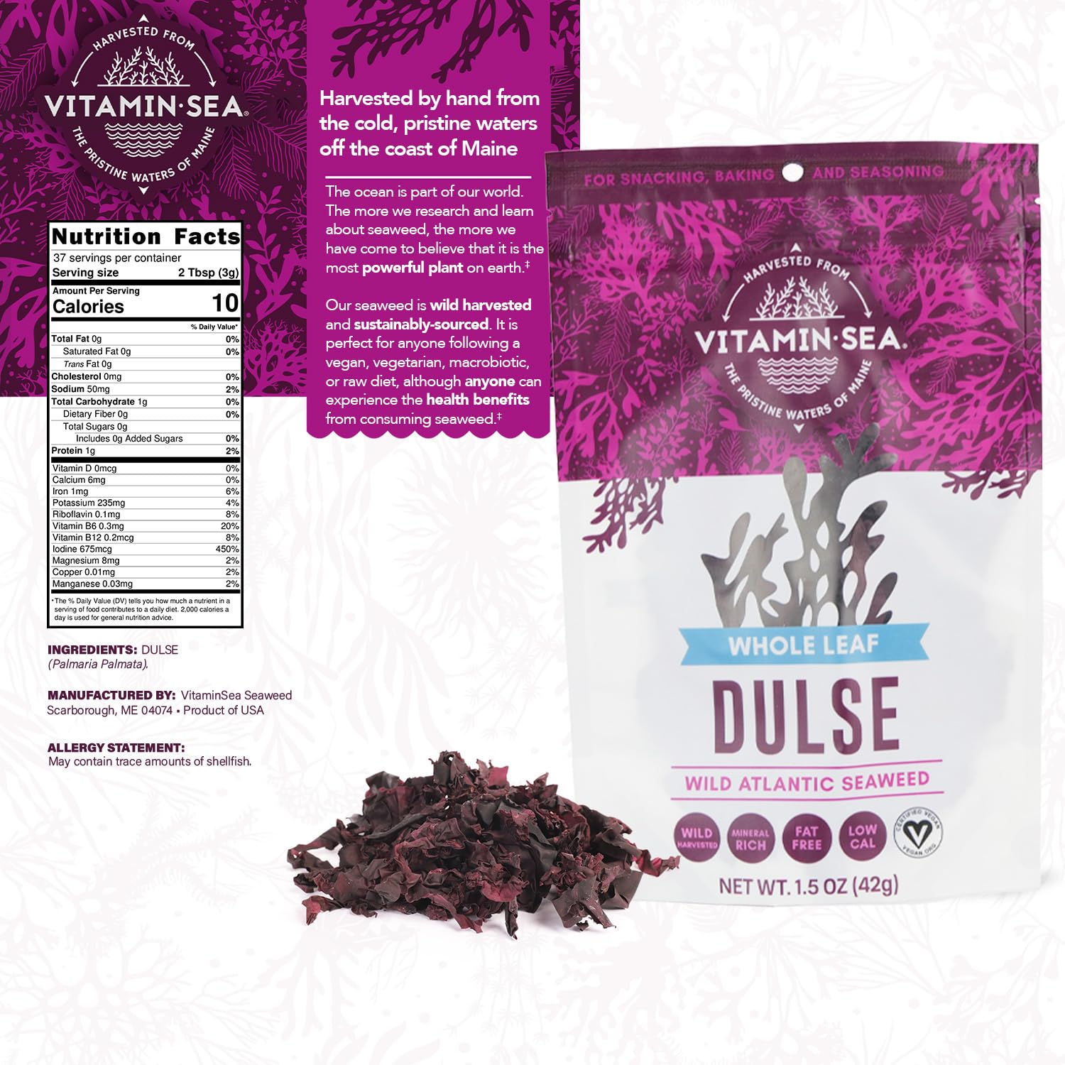 VITAMINSEA Dulse Dried Seaweed | Wild North Atlantic Seaweed for Snacking, Seasoning, Soups & Salads | Rich in Vitamins, Minerals & Antioxidants Perfect for Thyroid Support | Whole Leaf (4 OZ)