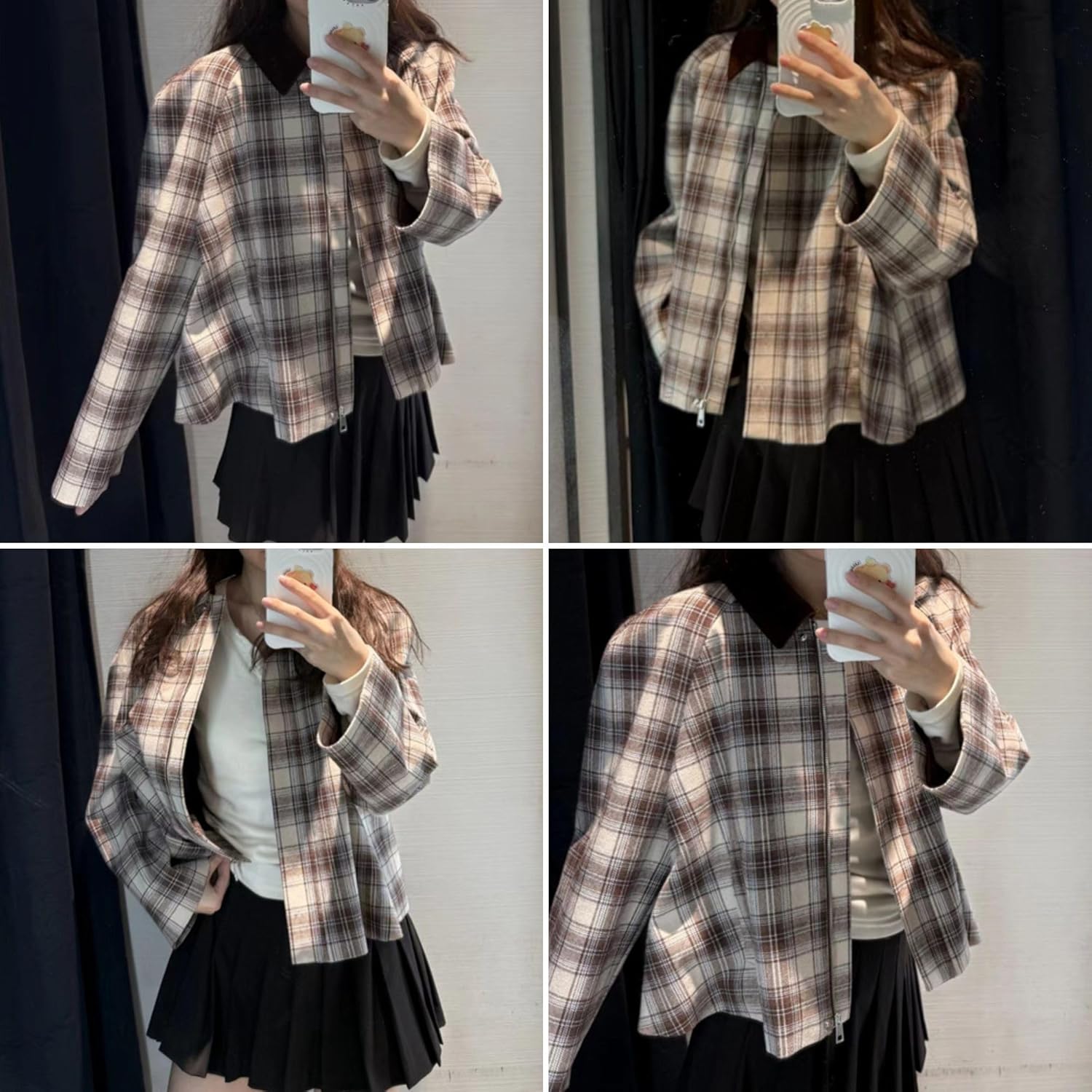 Chevara Women’s Cropped Plaid Jacket Vintage Lapel Collar Long Sleeve Zip Up Outerwear Coat with Pockets - Image 6