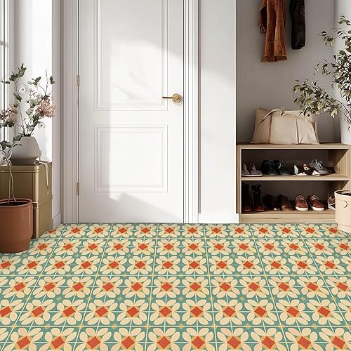 Miniatura 5 de IVN 10 azulejos de suelo con patrón de flores retro de 12 x 12 pulgadas, despegar y pegar, adhesivos de vinilo autoadhesivos extraíbles para cocina,