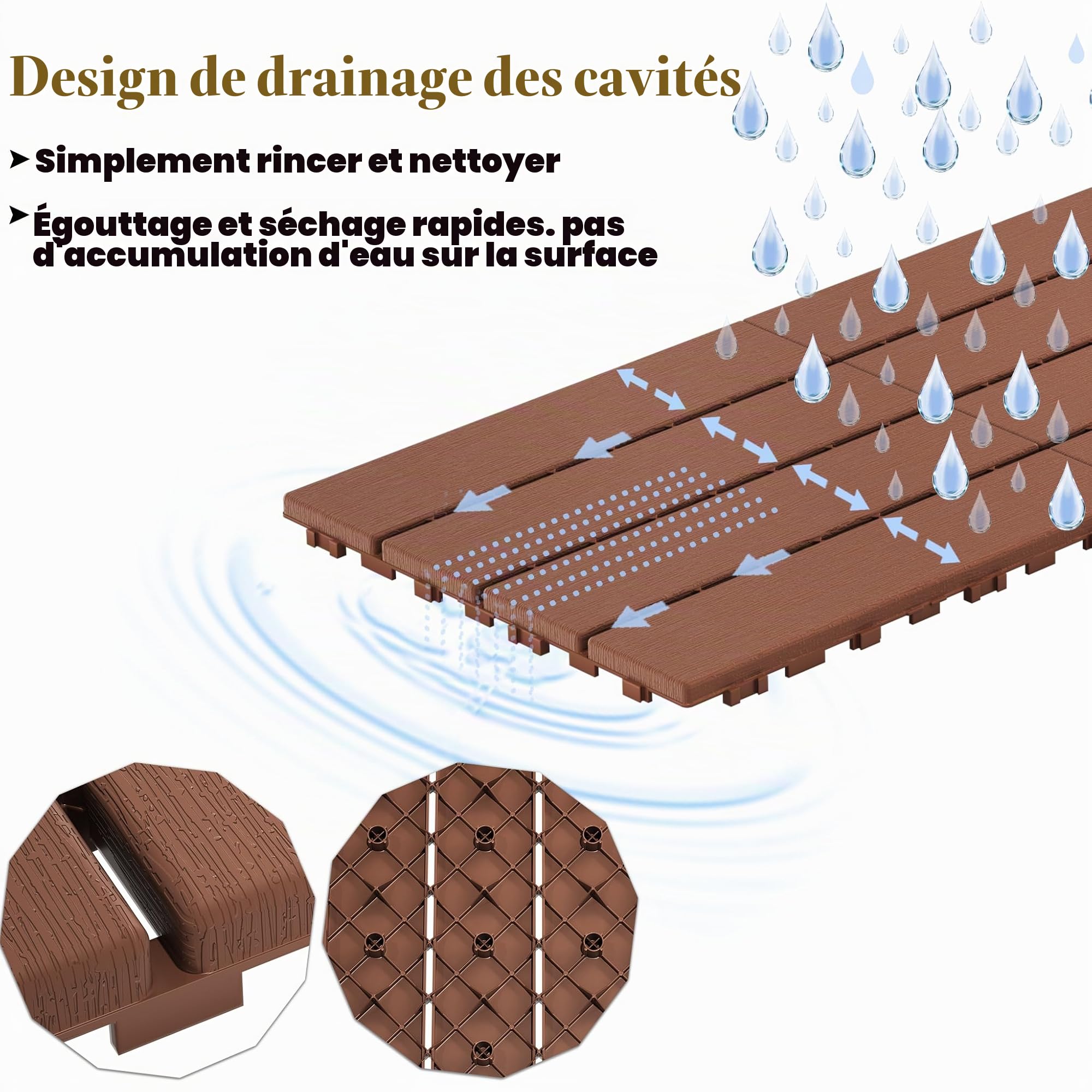 LZQ Lot de 55 dalles de balcon, 30 x 30 cm, aspect bois, revêtement de sol pour balcon, jardin, en plastique polyéthylène, surface antidérapante, plaques résistantes aux intempéries avec fonction de
