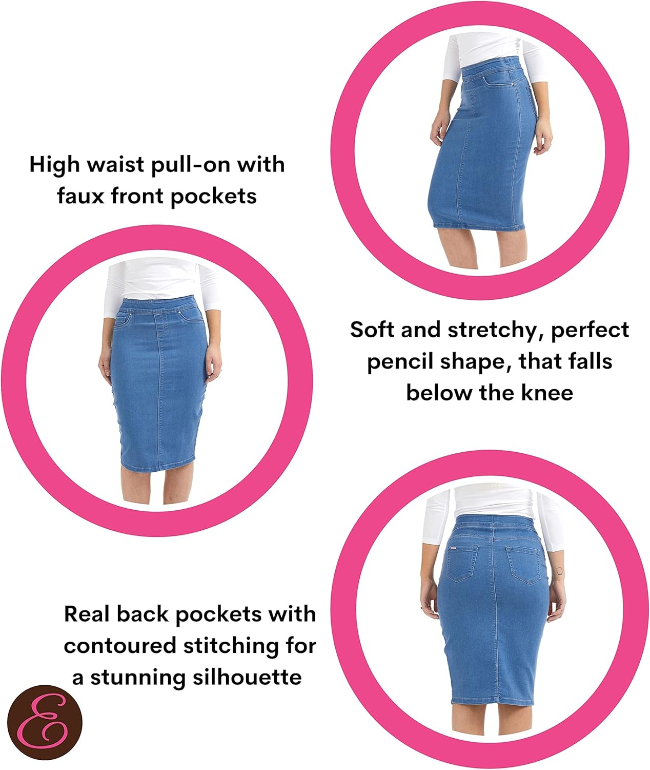 ESTEEZ High Waisted Pull-on Knee Length Stretch Denim Jean Skirt for Women - Siena - Image 4