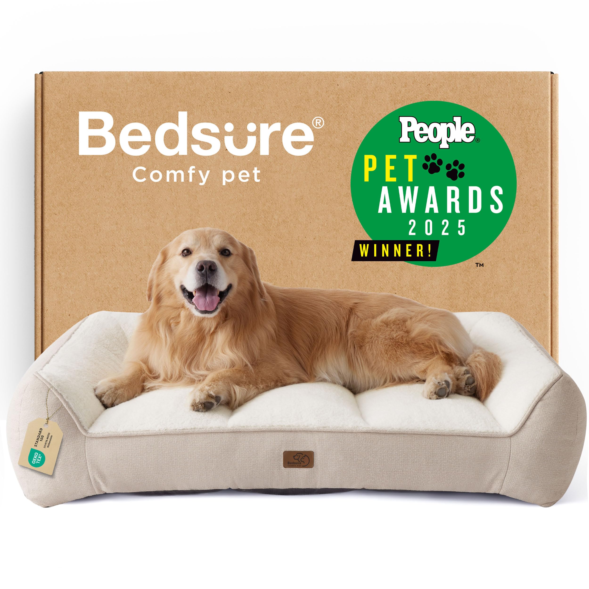 Bedsure SupportMax™ XL Plus Orthopedic Dog Beds Large Sized Dog - Extra Thick Supportive Dogs Couch with Waterproof Washable Cover, Jumbo Comfort Pet Sofa with Soft Sherpa & Nonskid Bottom, Beige, 48"