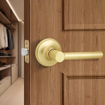 Brushed Gold Passage Door Handle, Round Design Non-Locking Door Lever, Reversible Door Lever for Hallway Closet, Satin Brass