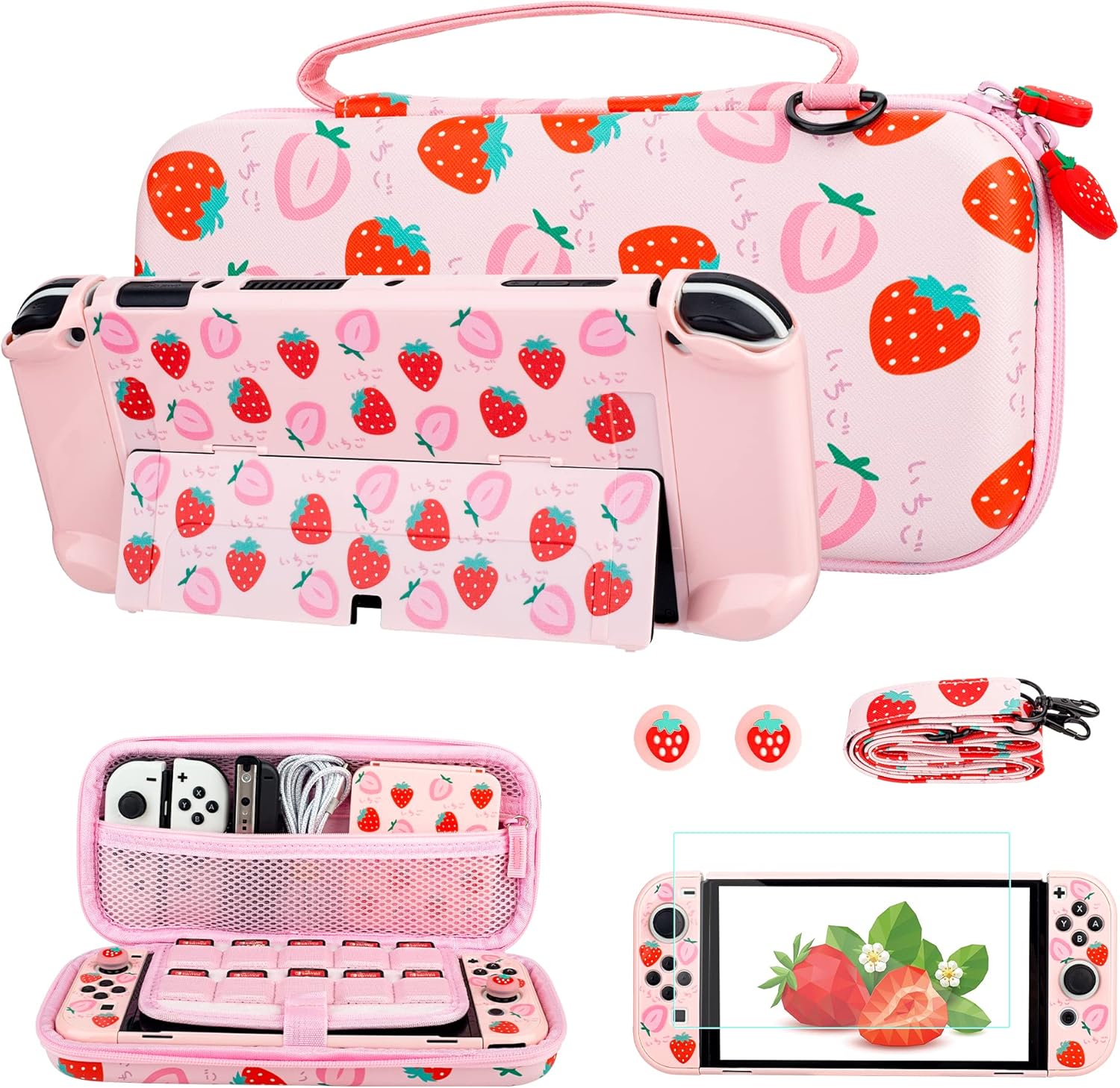 FUNDIARY Strawberry Pink Carrying Case for Nintendo Switch OLED, Cute Travel Case Protector for Switch oled Accessories with Strawberry Carry Bag Pink Protective Cover Screen Protector and Thumb Caps