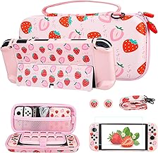Strawberry Carrying Case Set for Nintendo Switch OLED, Cute Accessories for Switch OLED with Hard Protective Case, Adjustable Shoulder Strap, Screen Protector and 2 Strawberry Thumb Caps