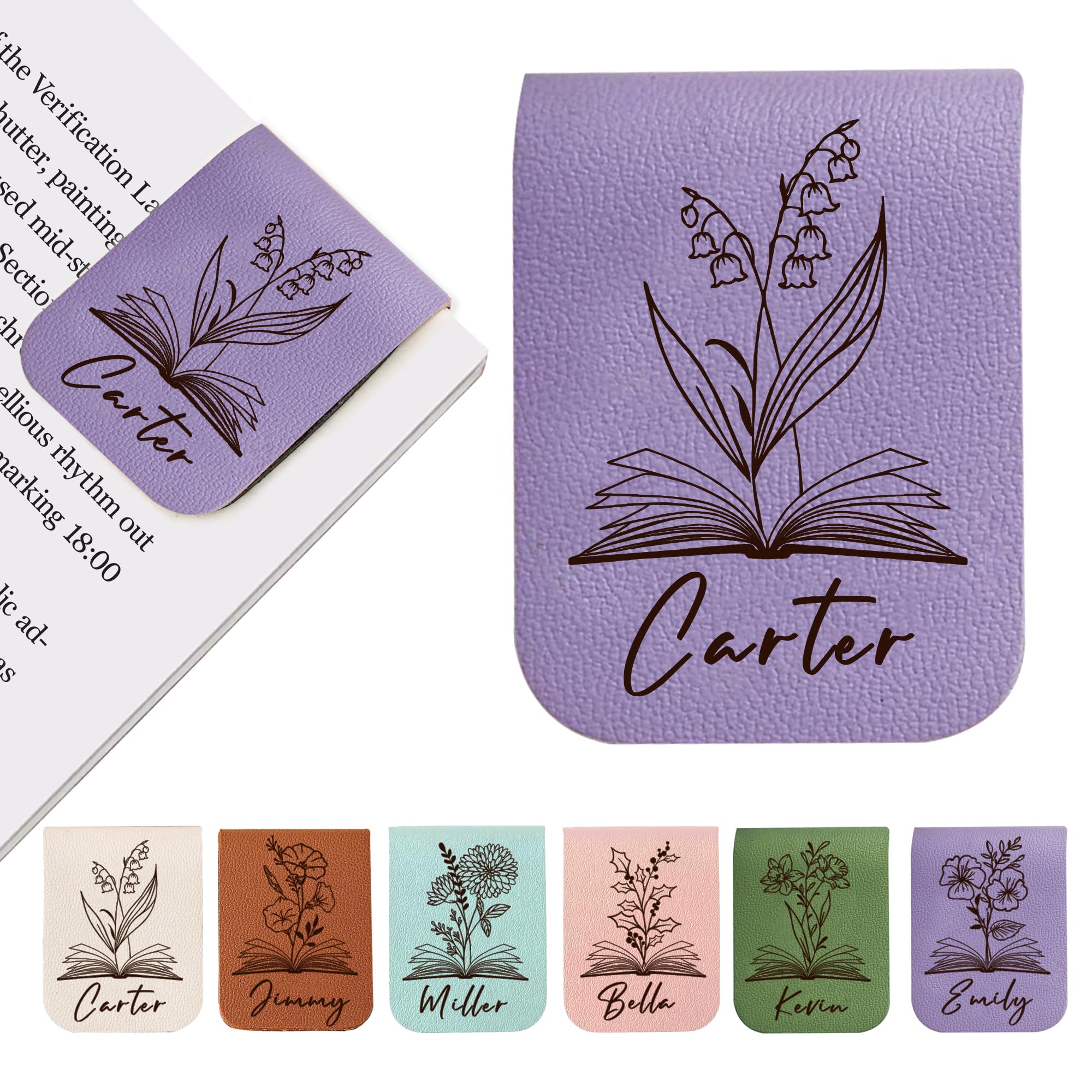 EDSG Personalised Magnetic Bookmark, Engraved Leather Magnetic Book Mark Gifts for Women Men, Custom Name Bookmarks for Book Lovers, Readers, Teacher, Students,Christmas, Birthday (Purple)