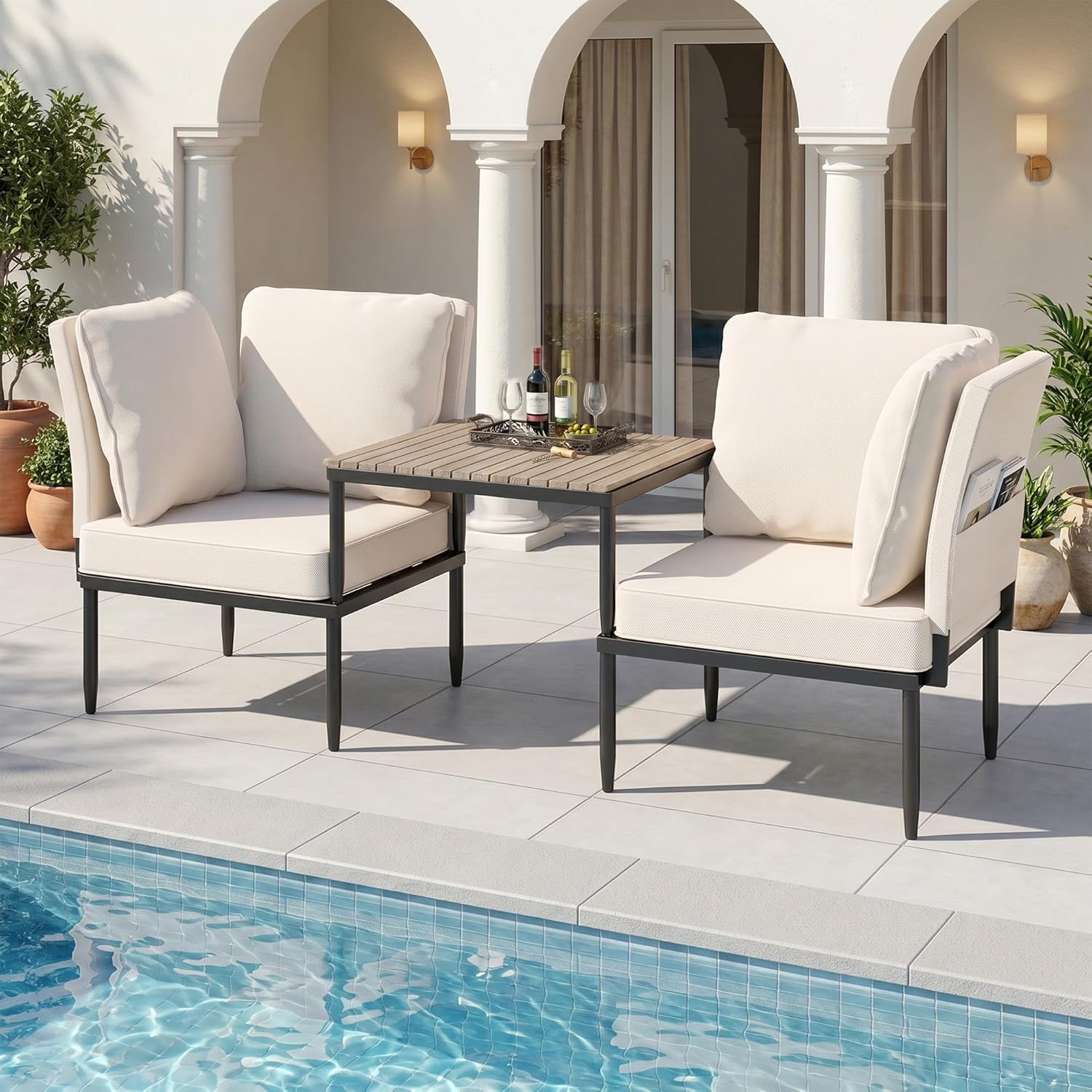 5 in 1 Modular Patio Furniture Set, 3 Piece Aluminum Convertible Outdoor Sectional to Loveseat, Tanning Chair, All-Weather Seating for Balcony, Apartment, Beige
