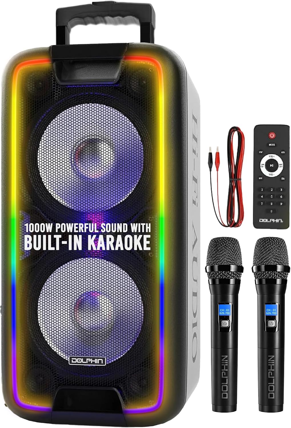 Bluetooth Party Speaker with 2 Wireless Mics, Dual 10" Woofers | 1000W Output, SD/FM/USB/AUX/RCA, Guitar & Mic Inputs, Multicolor LED Lights, Rechargeable Battery, Wheels & Handle, Deep Bass