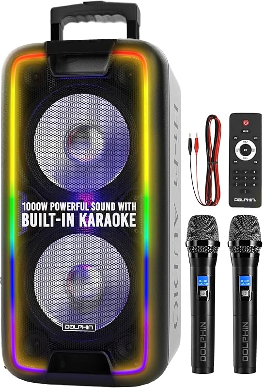 parlante Bluetooth Dolphin para fiestas con 2 micrófonos inalámbricos, woofers duales de 10" | Salida de 1000 W, SD/FM/USB/AUX/RCA, entradas para guitarra y micrófono, luces LED multicolores, batería recargable, ruedas y asa, graves profundos
