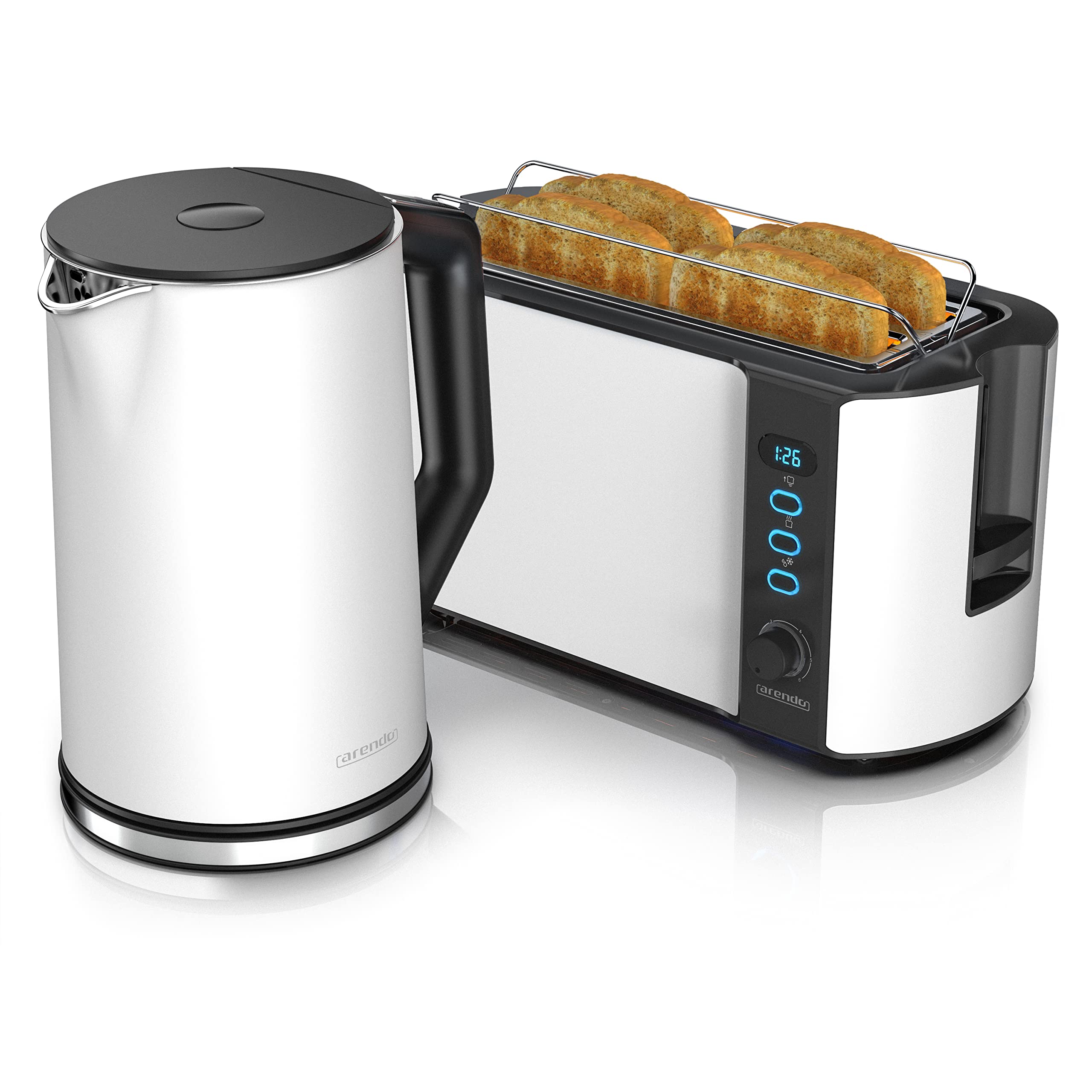 Arendo Wasserkocher mit Toaster SET Edelstahl Weiß matt 1,5L 40-100°C Warmhaltefunktion 4 Scheiben LED-Display 6 Bräunungsgrade