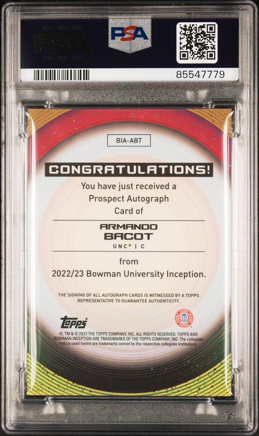 Graded 2022 Topps Bowman U Inception Armando Bacot #ABT Autograph Rookie RC Basketball Card PSA 10 Gem Mint