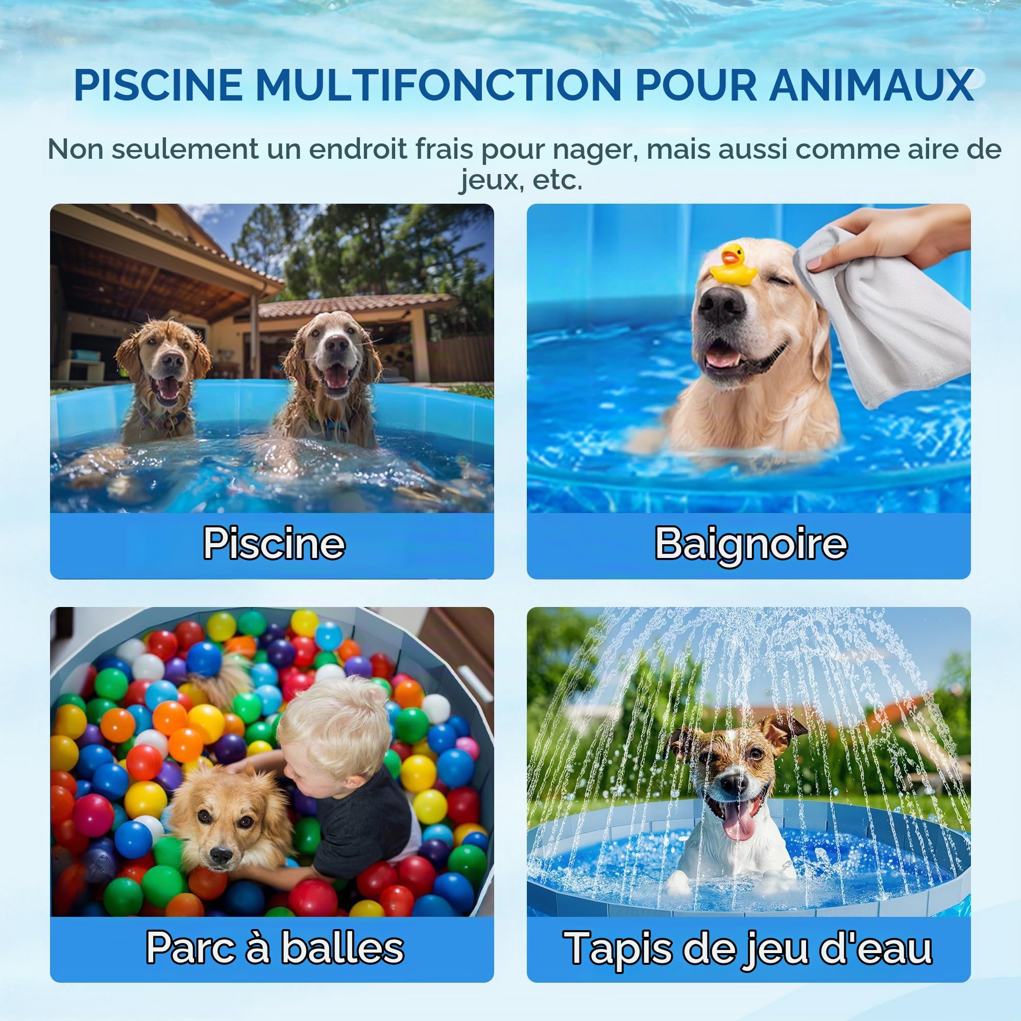 ALL FOR PAWS 160CM Grande Piscine pour Chien avec Arroseur, Piscine Rabattable 2-en-1 pour Chien, Piscine À Éclaboussures avec Système D’Arrosage, Idéale pour Chiens Et Bains D’Animaux en Extérieur