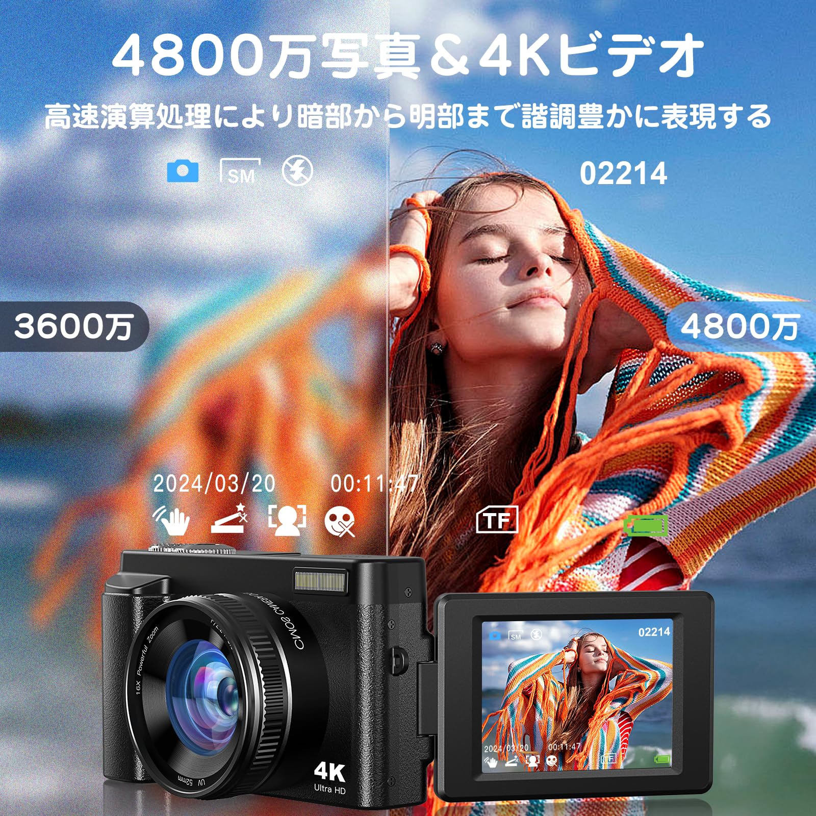 Amazon | デジタルカメラ 4800万画素 4K録画 自撮りカメラ 2.88インチ