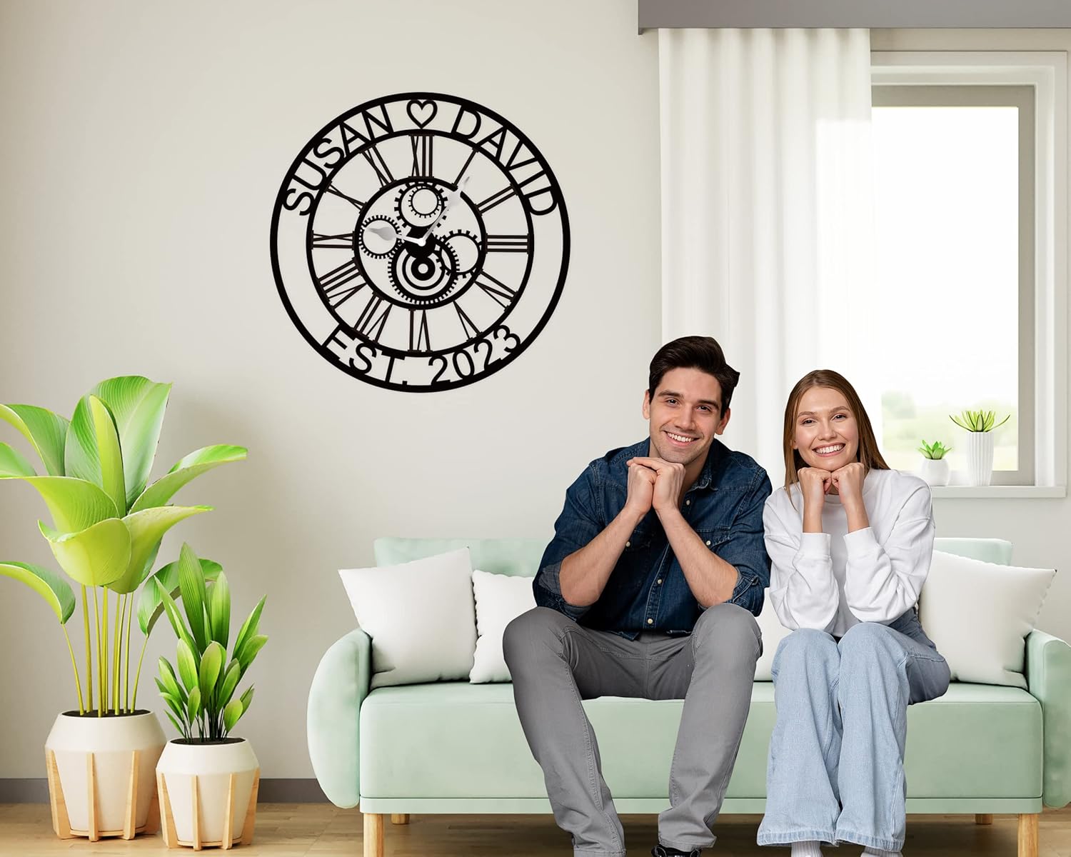 Personalized Gear Silent Clock, Custom Name Metal Wall Clock, Wedding or Housewarming Gift