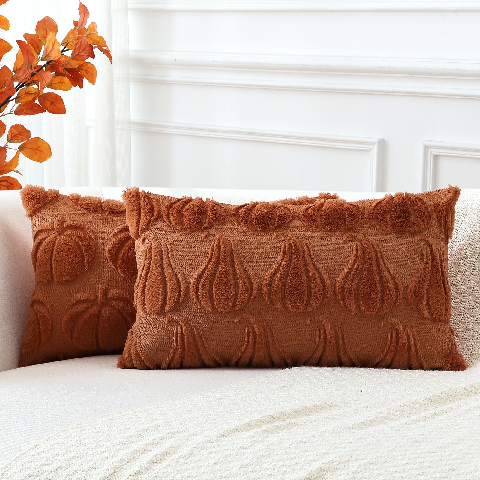Artscope Fall Cushion Covers Set of 2 Two Types of Pumpkins Throw Pillow Covers for Sofa Couch Bed Living Room Soft Plush Short Wool Velvet Farmhouse Pillowcases for Halloween 30x50cm Rust - Image 2