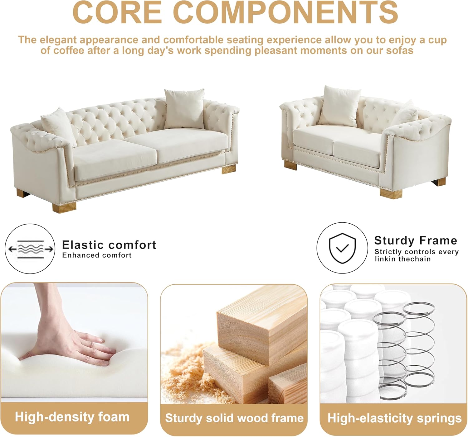 2 Pieces Chesterfield 84" 3-Seater + 62" Loveseat Beige Velvet Sofa Sets, 4 Cushion Classic 6.5" Rolled Arm Modern Couch Suitable for Living Room