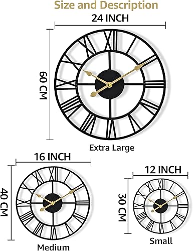 Miniatura 7 de Sorbus Reloj de pared grande para decoración de sala de estar, 12 pulgadas, reloj de pared decorativo, de metal, analógico, número romano, reloj de