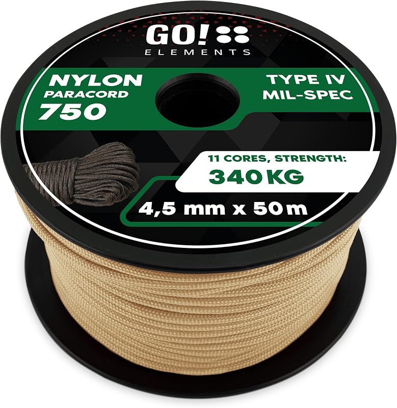 GO!elements Paracord 750 Type IV | Corde en Nylon 100% résistante et extrêmement Stable | ø 4,5 mm - 11 brins - Max. 340 KG | Corde Polyvalente et reepsnoer pour Survie, Camping