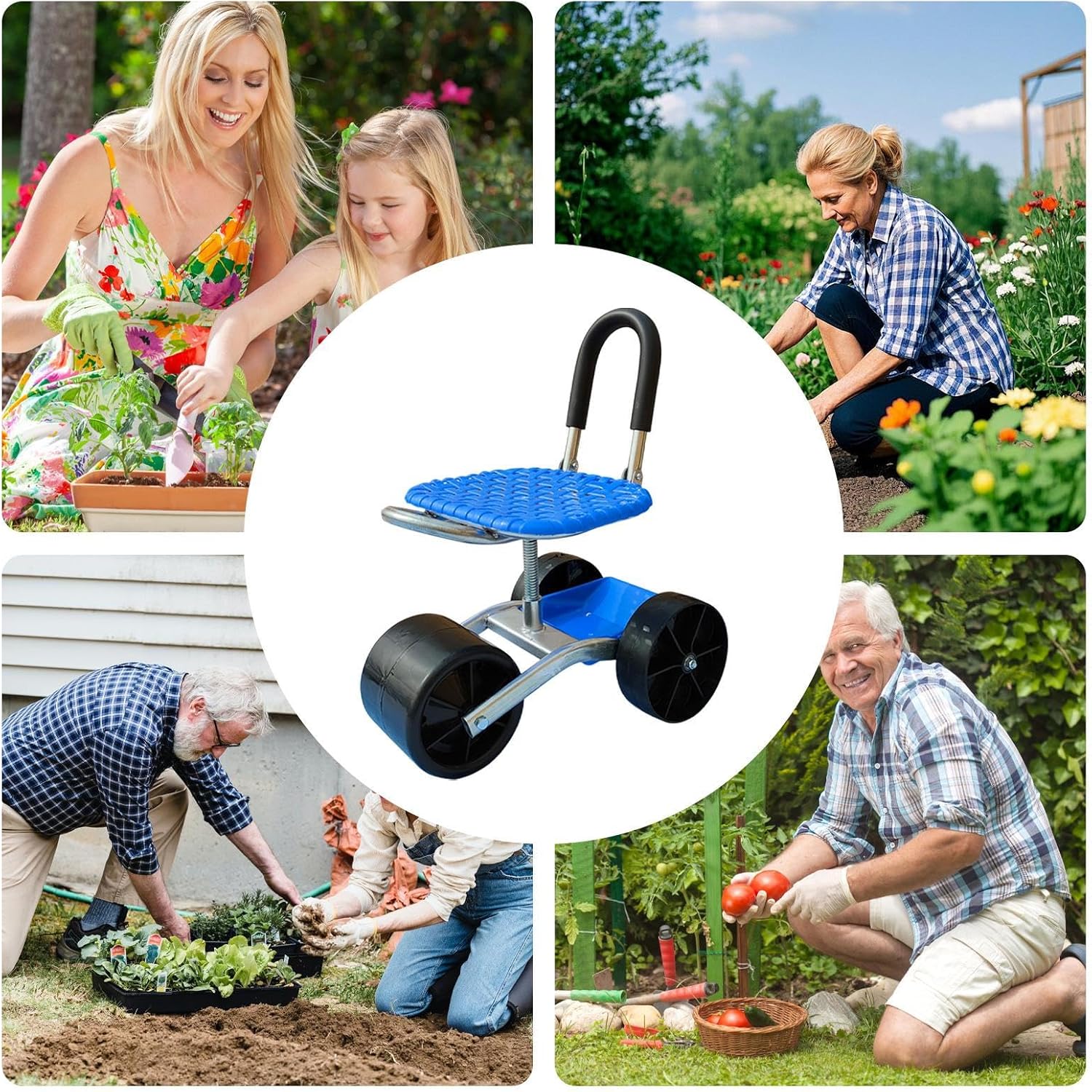 車輪付きガーデンシート,車輪付きガーデニングチェア 高さ調節可能 - 360度回転チェア ガレージ 草むしり 芝生 キャンプ対応