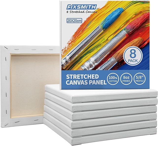 FIXSMITH Stretched White Blank Canvas- 20x20 cm, 8 Pack,Primed,100% Cotton,5/8 Inch Profile of Super Value Pack for Acrylics,Oils & Other Painting Media.