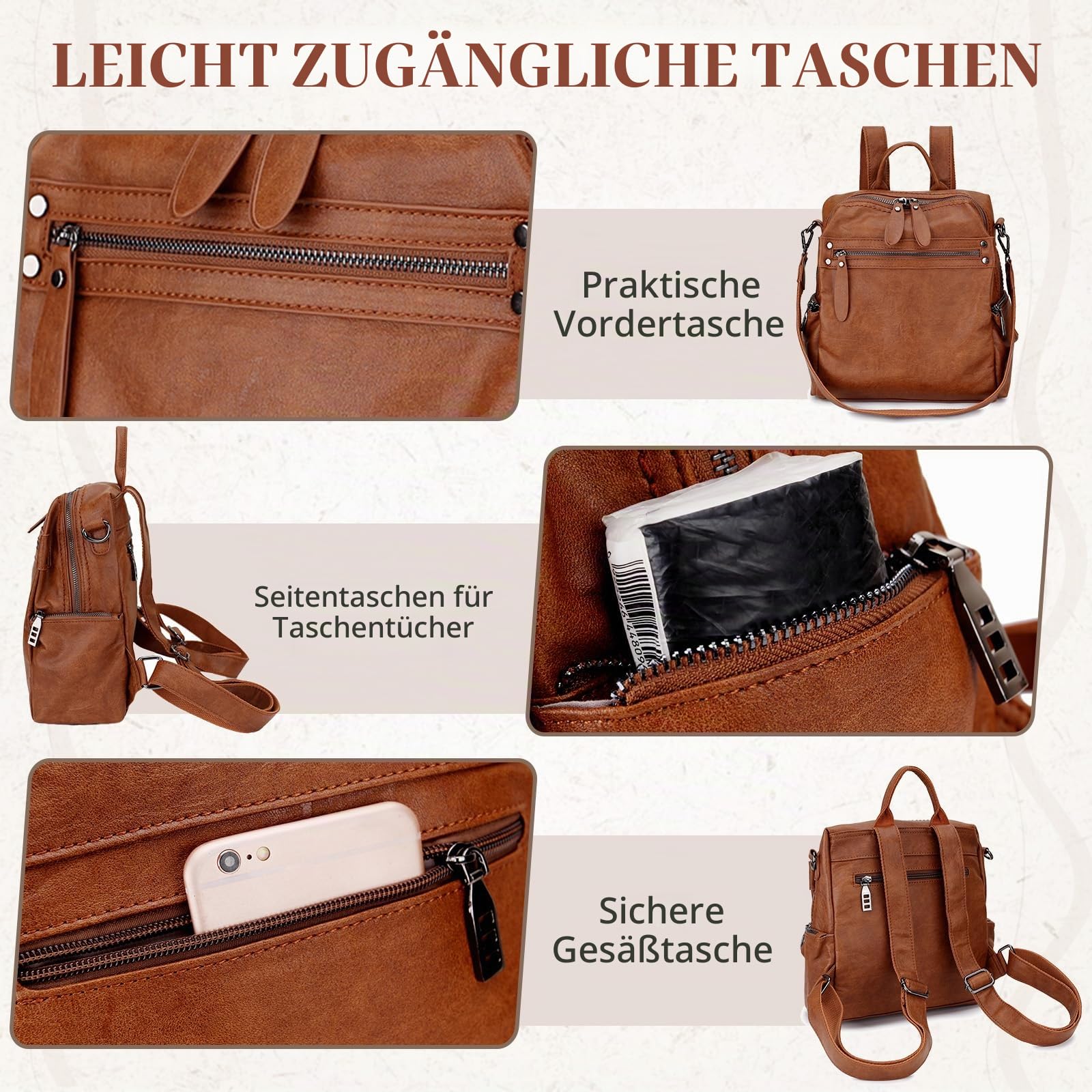 Damen Rucksack Elegant Kunstleder Cityrucksack 3-in-1 Tragemodus