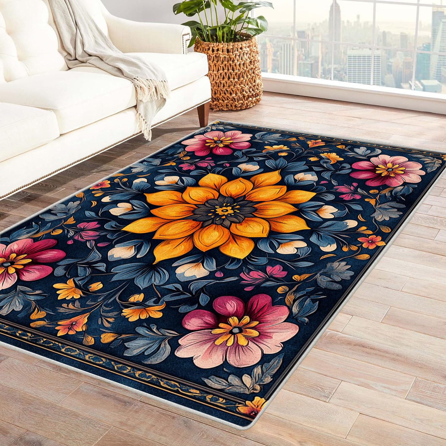 Tapis de salon poils ras moderne boho lavable motif géométrique