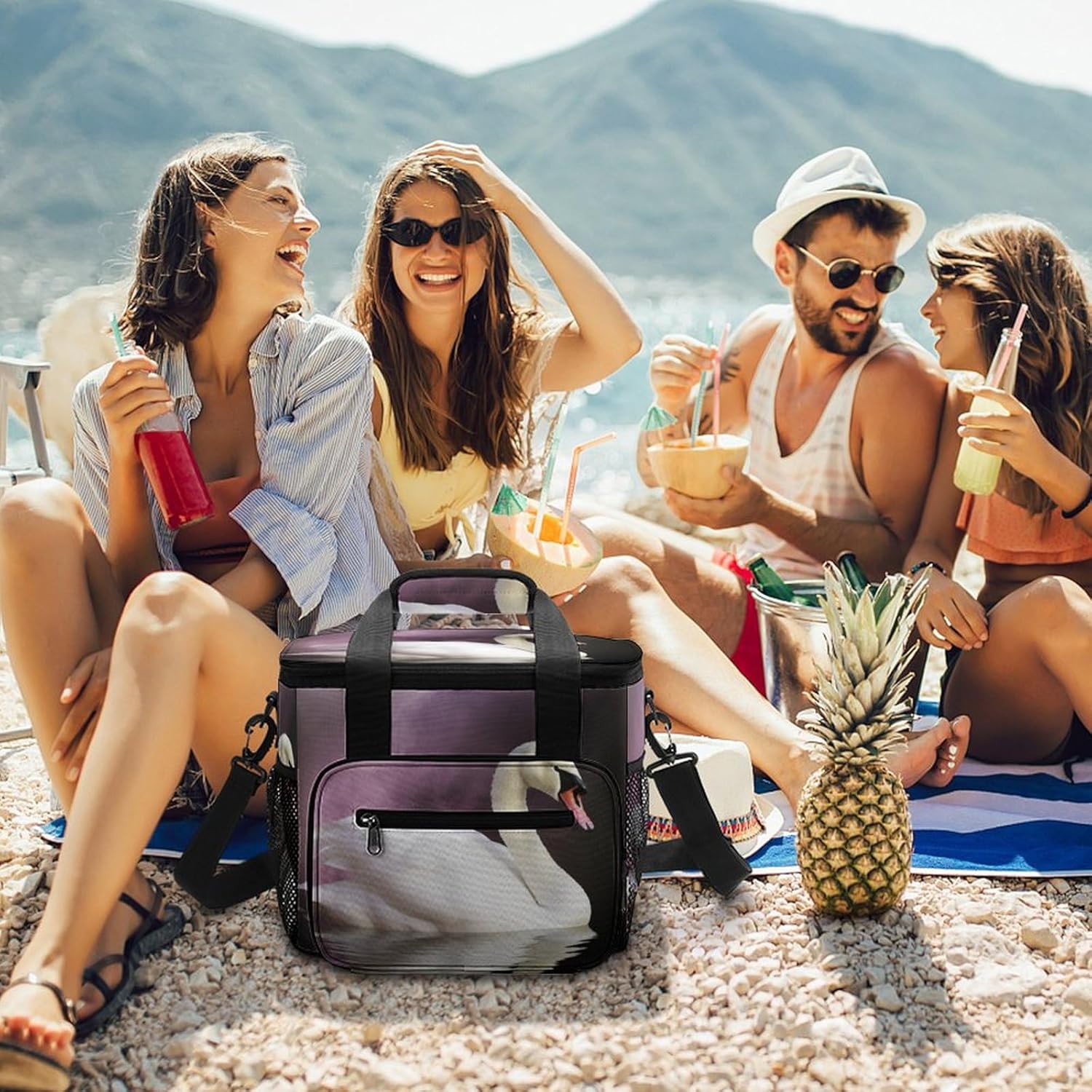 Large-Capacity Oxford Cloth White Swan Printed Camping Ice Bag, Outdoor Portable Insulation and Cold Storage Bag, Enjoy A Cool Camping Time