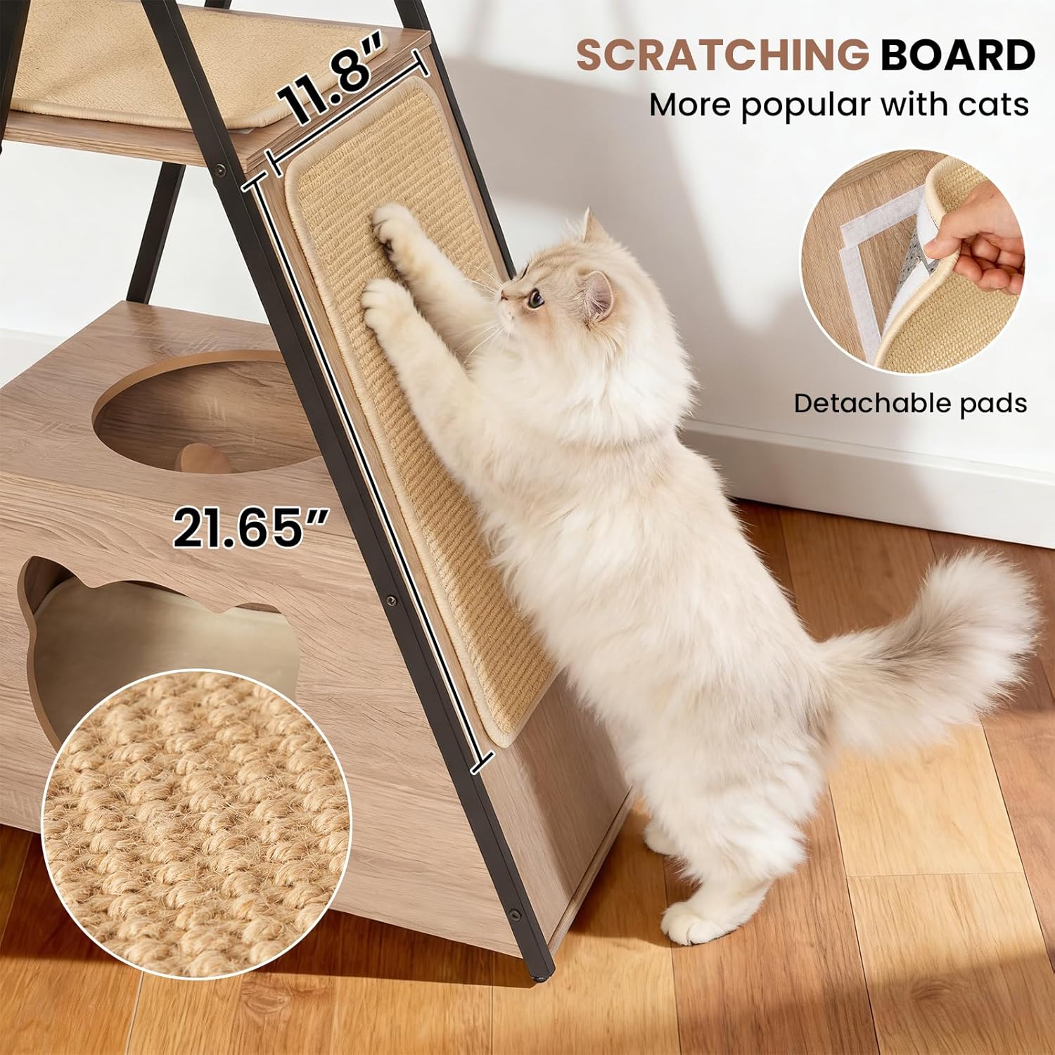 71" Modern Wood Cat Tree for Large Cats - Heavy Duty Tall Cat Tower for Indoor Cats, Multi-Level Cat Furniture with Spacious Condo, Large Perch, Scratching Posts & Hammock(Washed Grey)