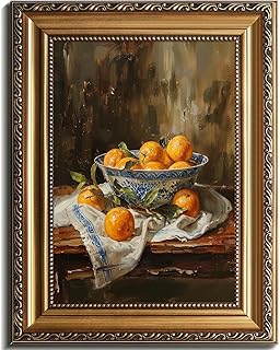 Vintage Gold Framed Wall Art Moody Oranges Painting, Vintage Fruit Still Life Kitchen Home Decor with Antique Frame, Antique Oranges Oil Painting for Bedroom, Country Kitchen Wall Art 12x16