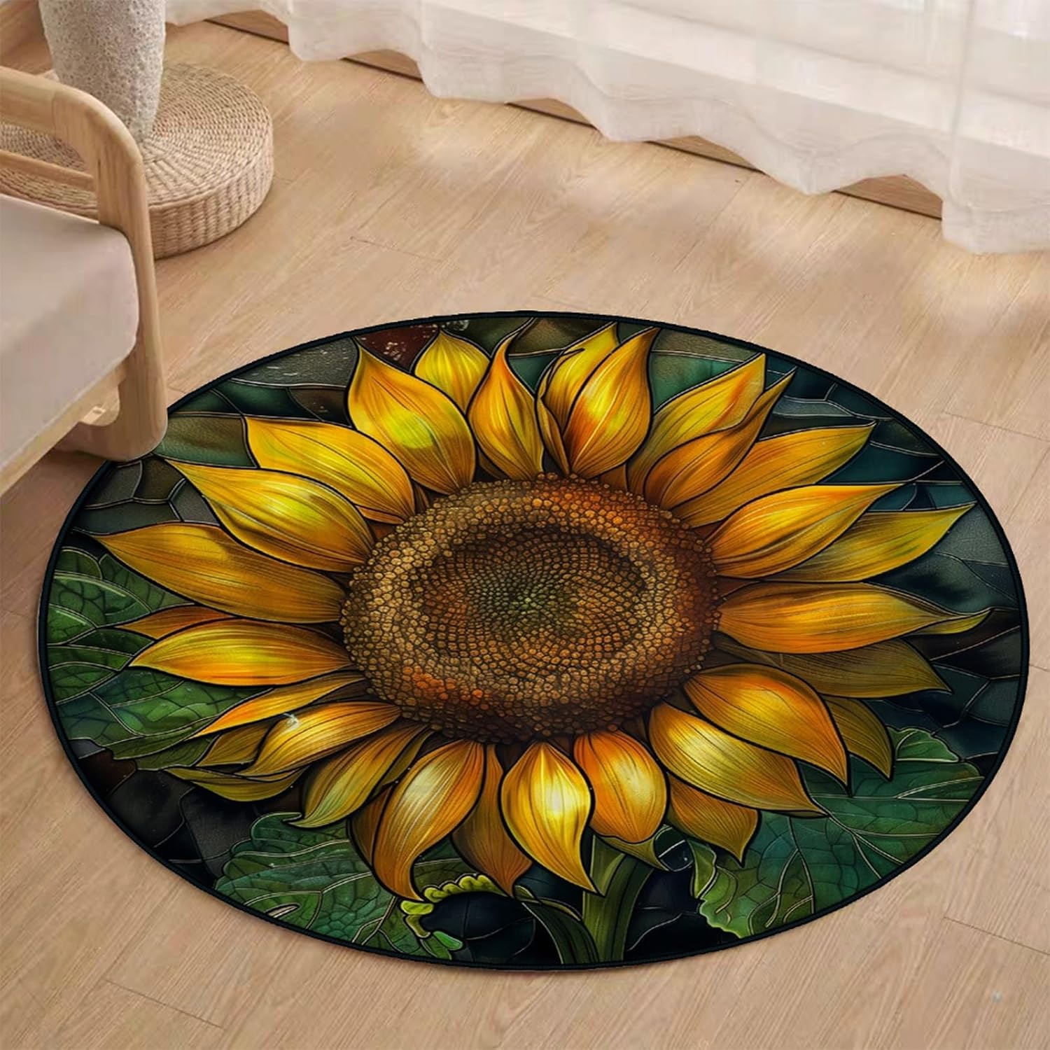 Fchen art Sunflower Round Rug, 63 inch Circle Floor Mat with Vibrant Yellow Flowers & Green Leaves, Uplifting Living Room Decor, Washable Cotton with Stitched Edges