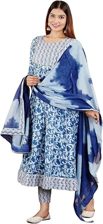 Womens Cotton Anarkali Kurti Pant Set With Tye Dye Dupatta Indian Style Kurtis Tunics