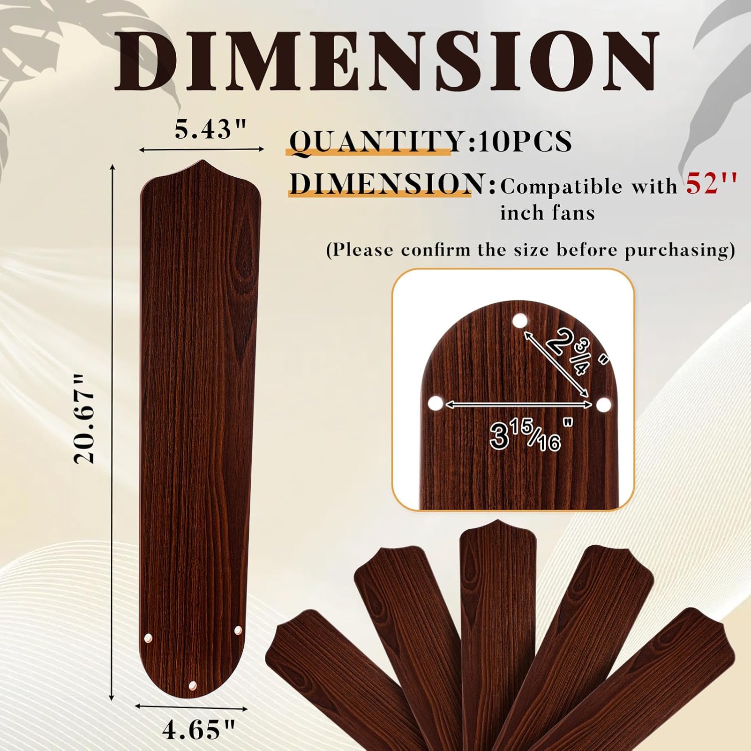 10Pcs Replacement Fan Blades for 42 52 Ceiling Fan Waterproof Weatherproof Fan Blades Replacement for Broken Substitution Replacing Indoor Outdoor Summer(Wood Color,42 Inch)