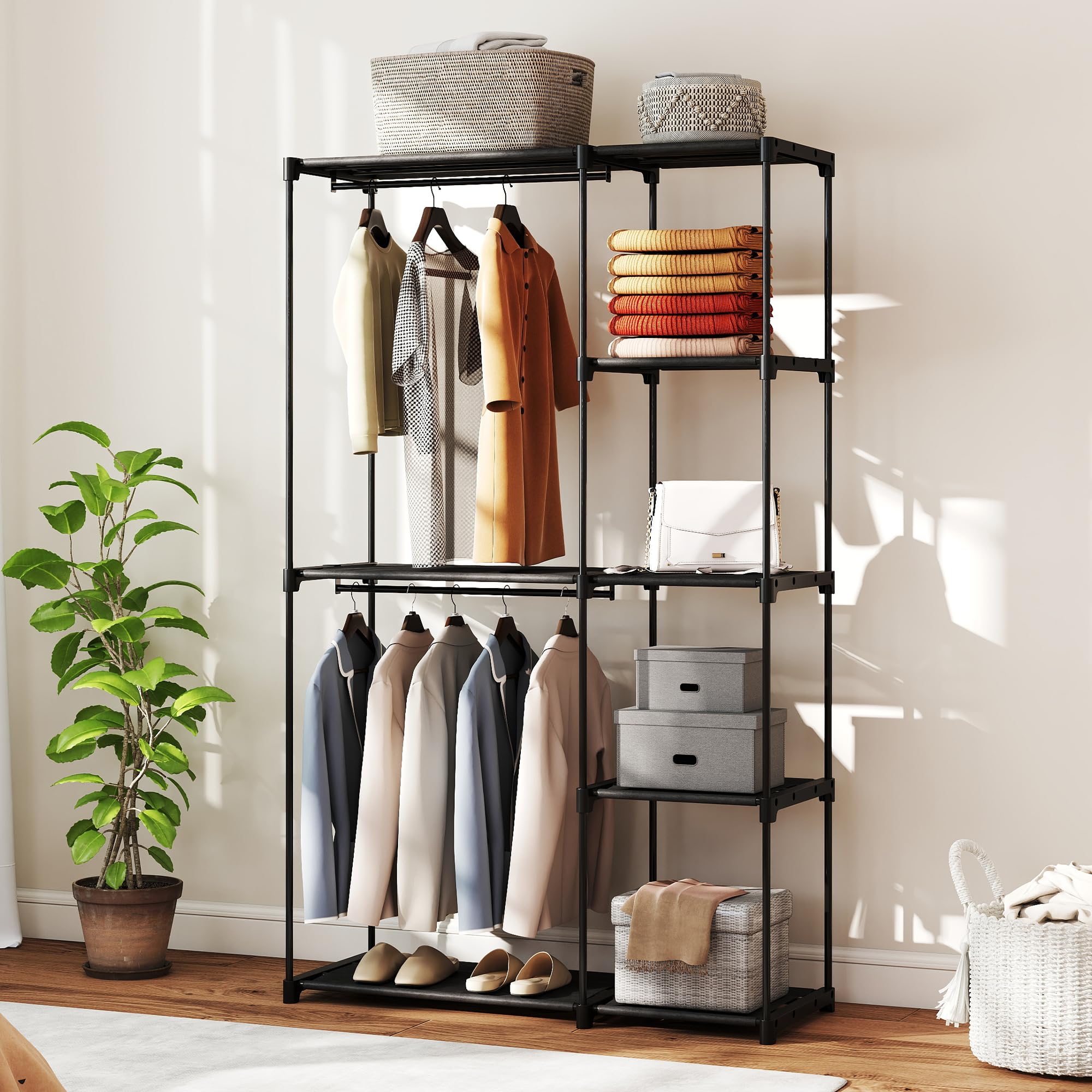 HOMCOM Stoffschrank Kleiderschrank mit Kleiderstange, Ablagen, Stoffkleiderschrank für Schlafzimmer, Ankleidezimmer, 111 x 43 x 185 cm, Schwarz